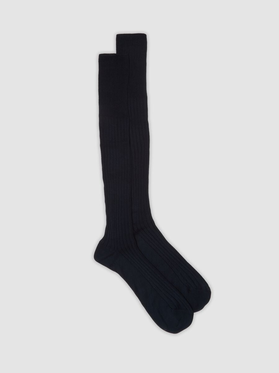 Blue ribbed pure cotton long socks_0