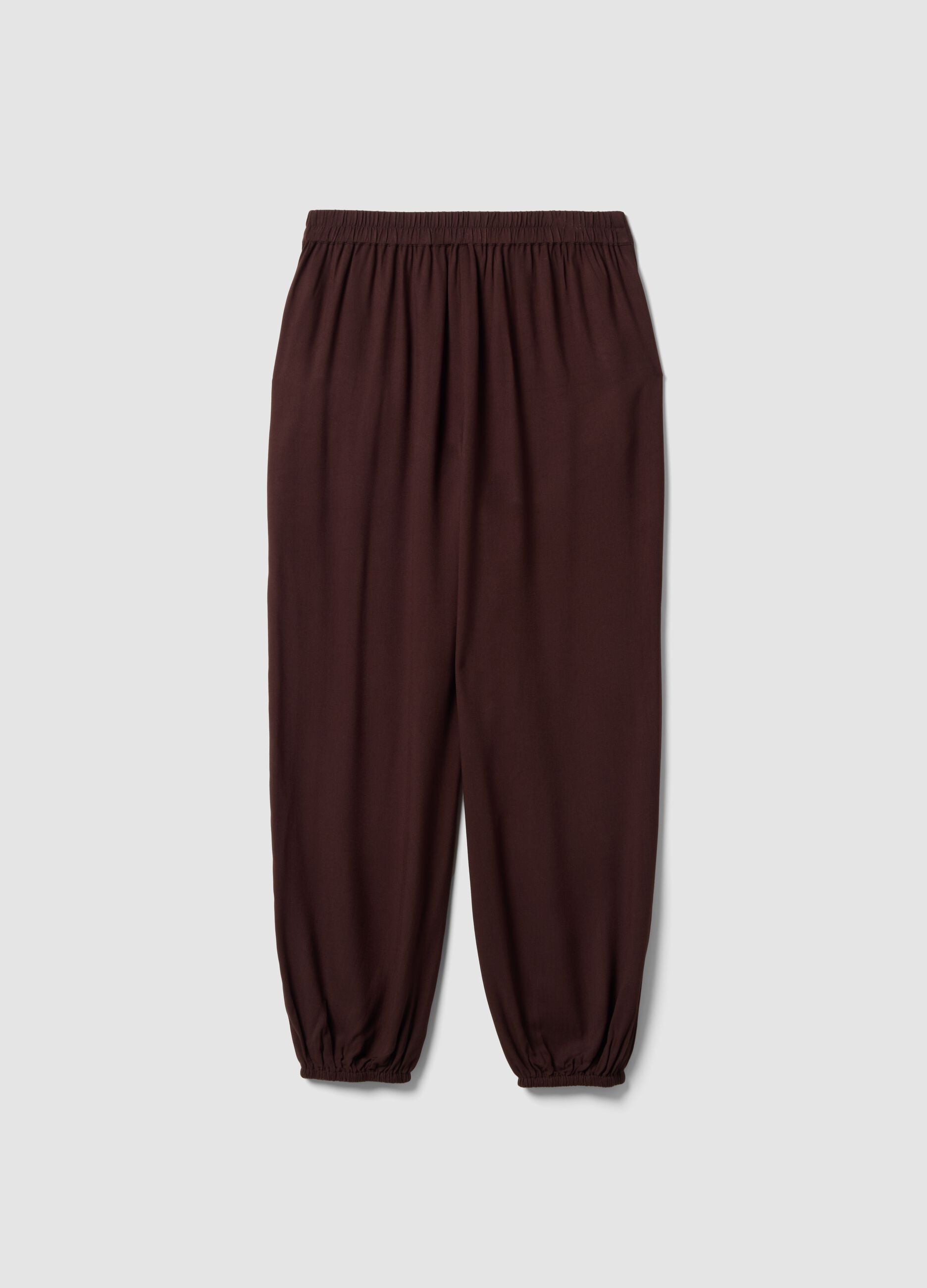 Brown pure viscose trousers with elasticated cuffs, regular fit