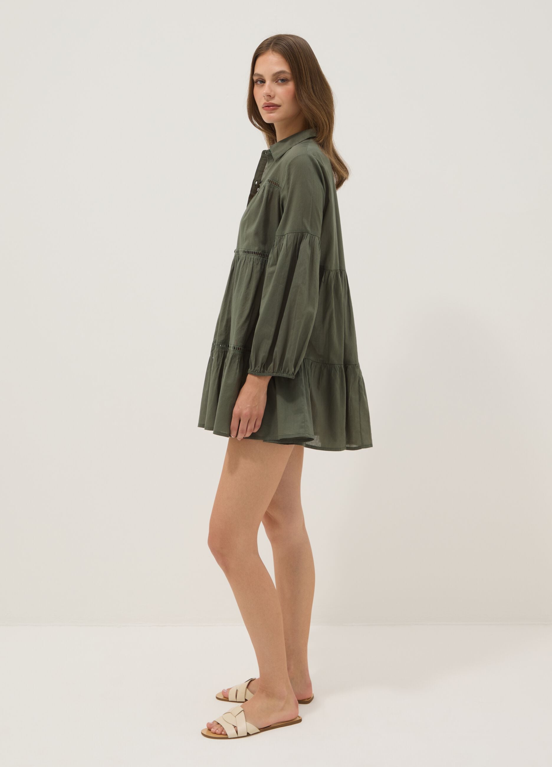 Green pure organic cotton kaftan with ruffles and broderie inserts