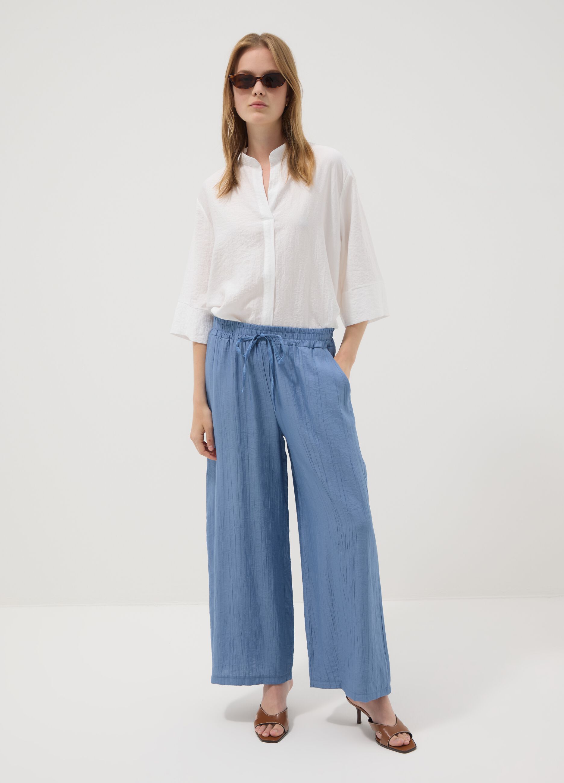 Light blue viscose-blend palazzo trousers