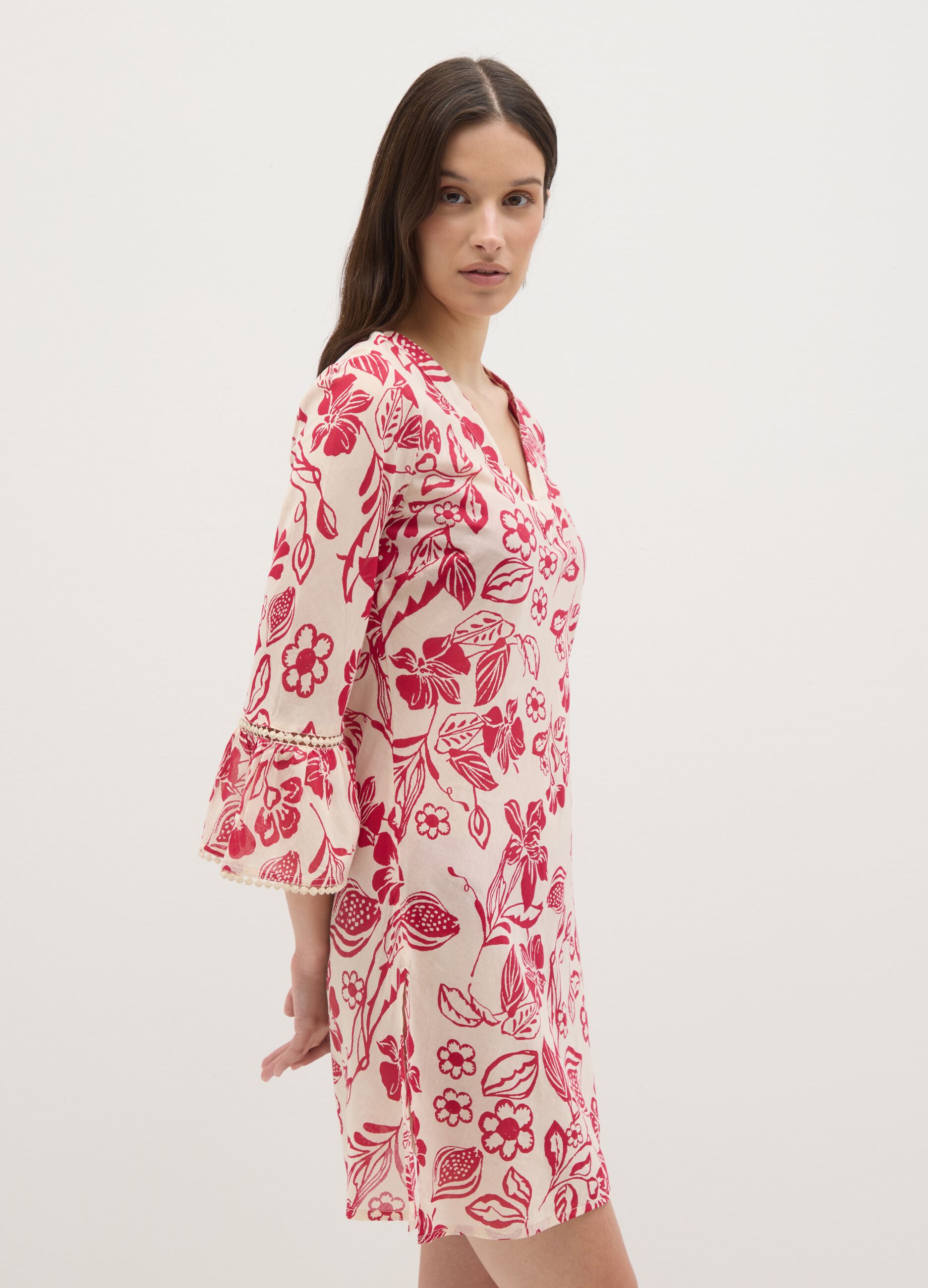 Women’s short dress in 100% multicoloured cotton with floral print