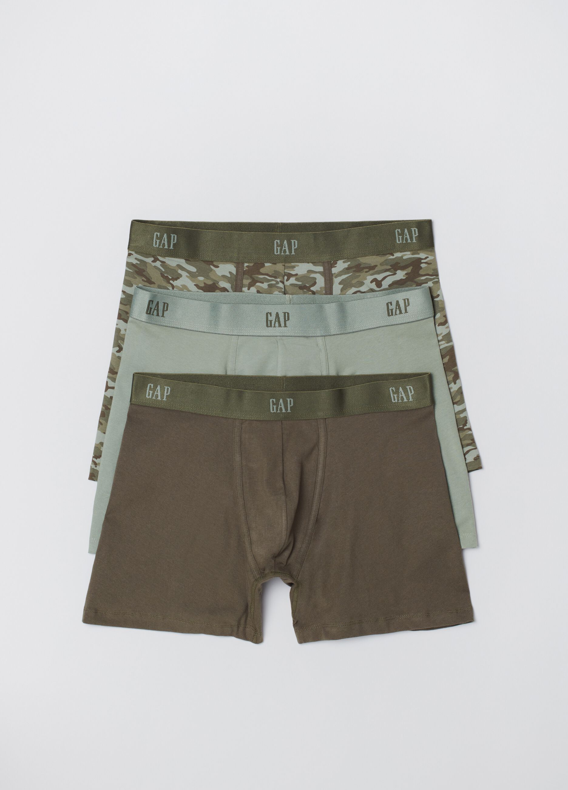 Three-pair pack stretch boxers with camouflage pattern