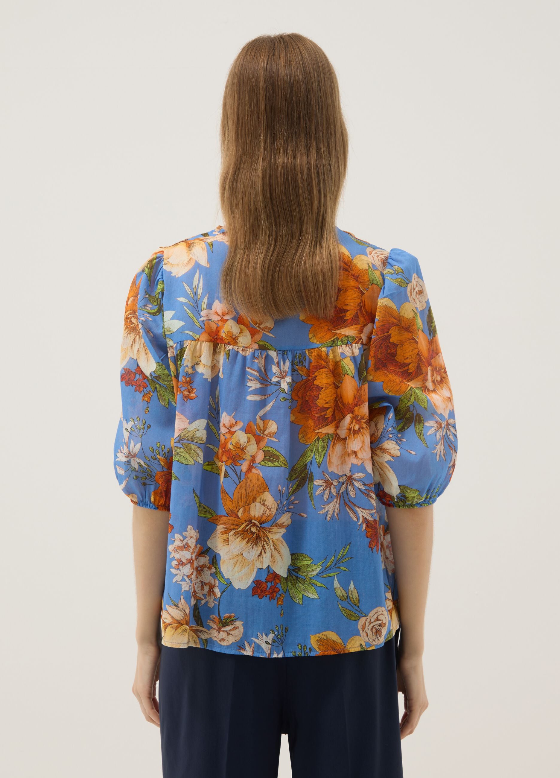 Blue floral blouse in pure cotton