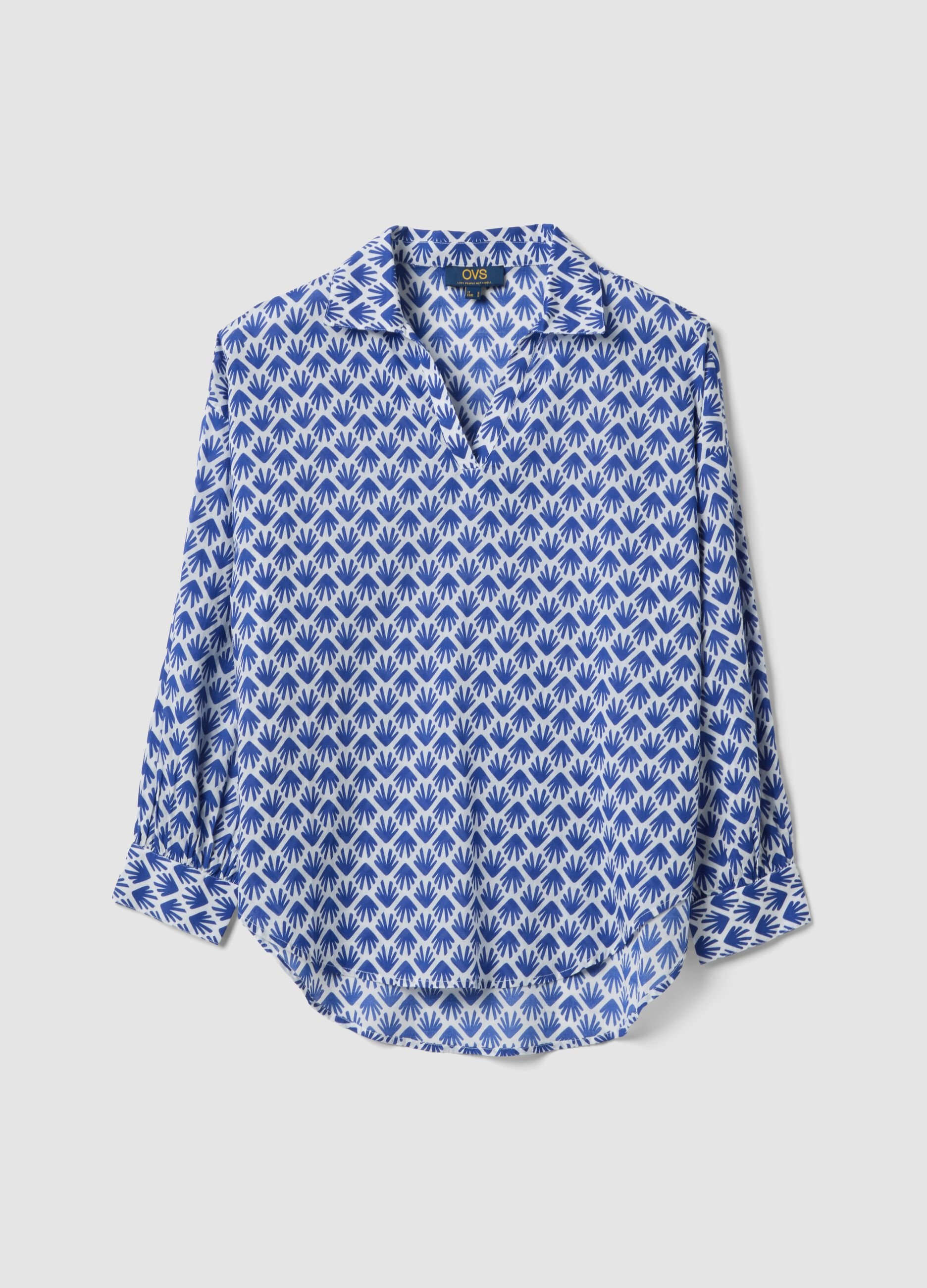 Multicoloured pure cotton shirt with pattern and V-neck