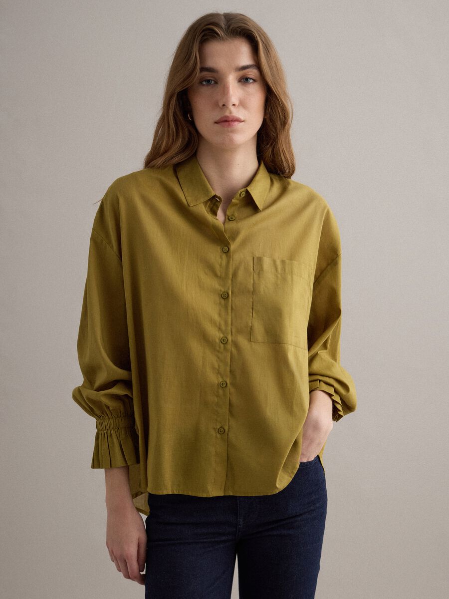 Green short-sleeved pure cotton shirt_0