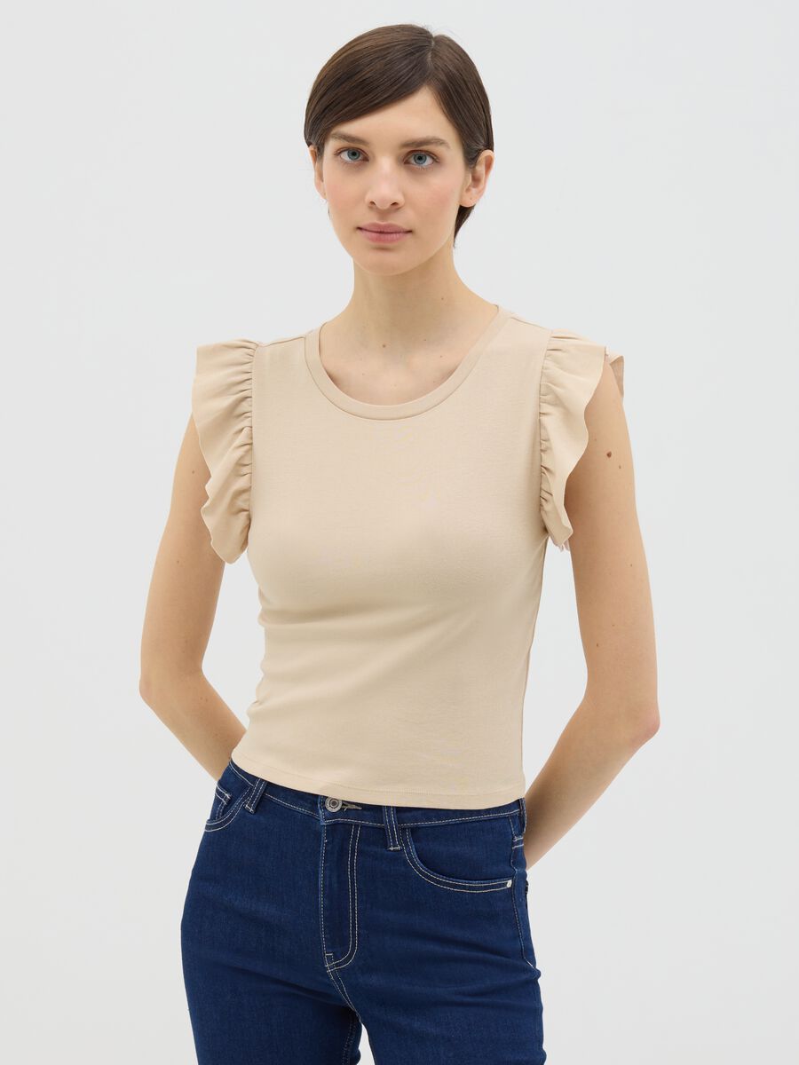 Beige cotton tee with ruched sleeves_0
