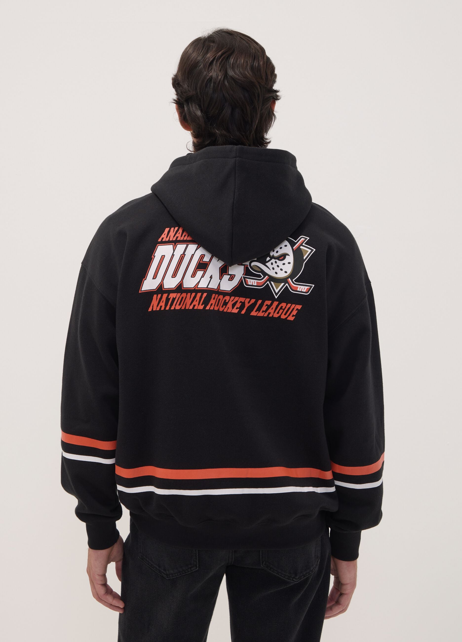 Black cotton-blend hoodie with Anaheim Ducks print