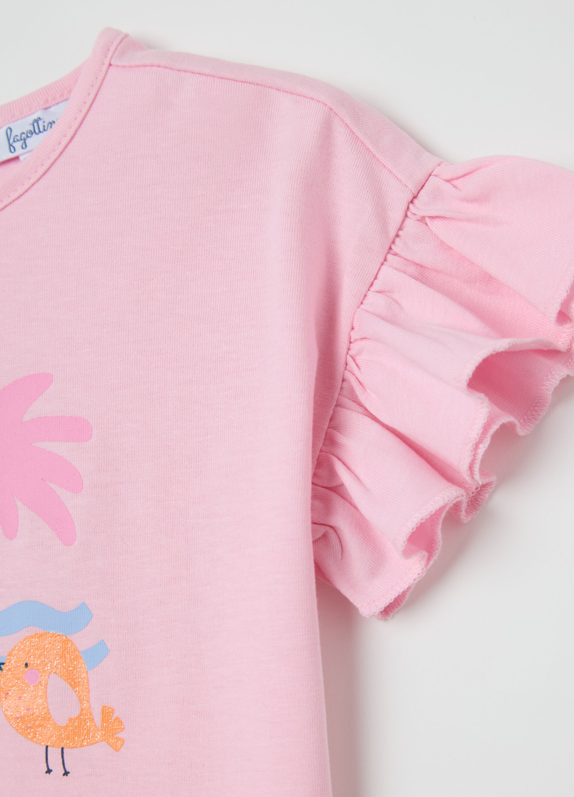 Pink cotton T-shirt with frills and print
