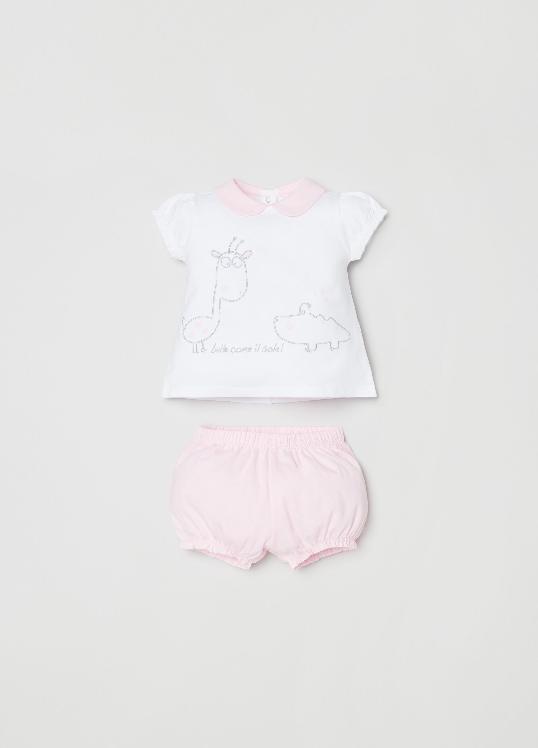 Set t-shirt con ricamo animaletti e shorts _0