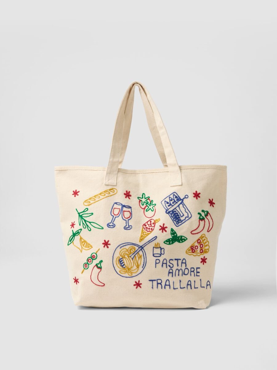 Borsa shopper in puro cotone beige con ricami_0