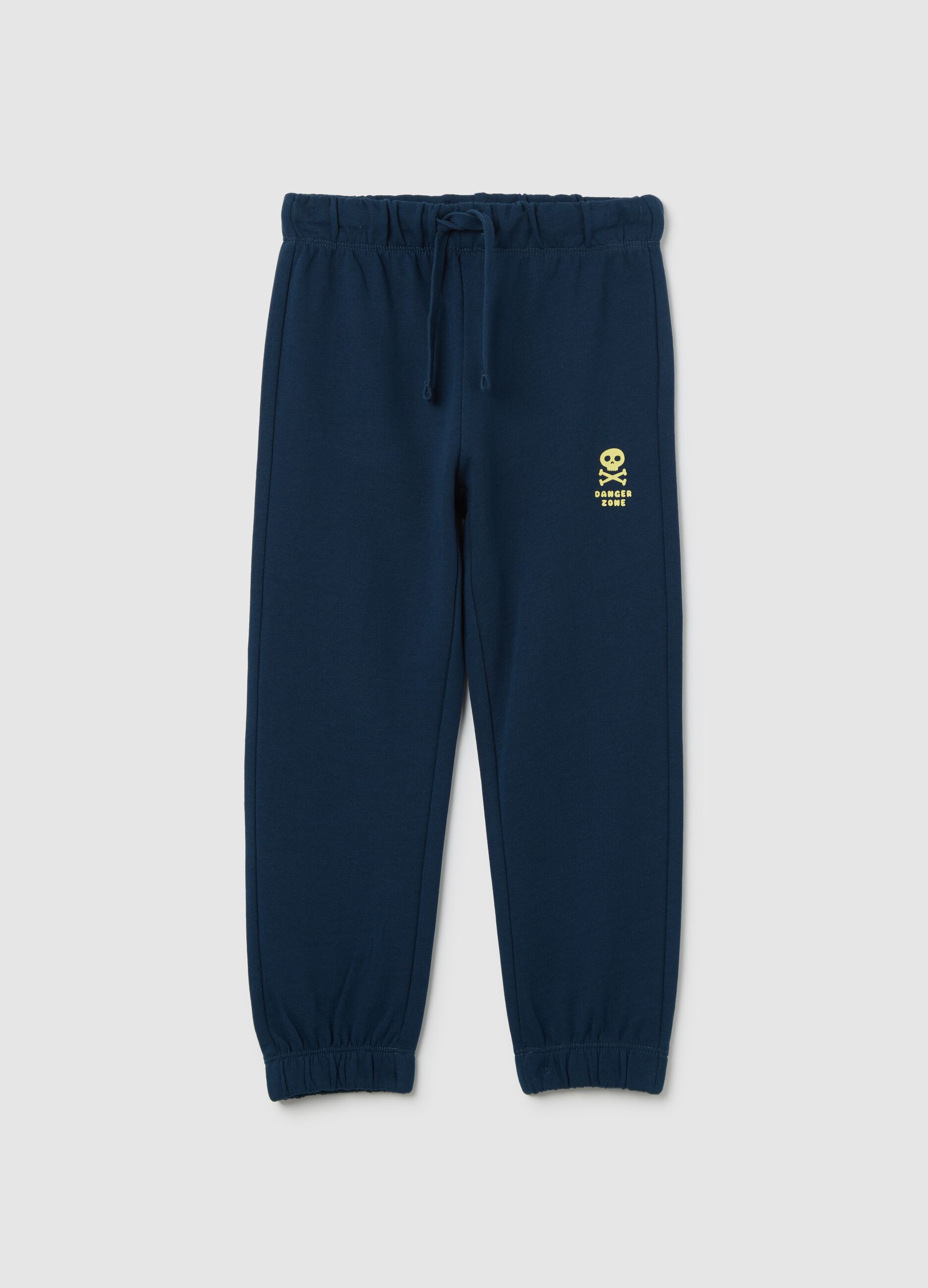 Blue cotton joggers with drawstring and print