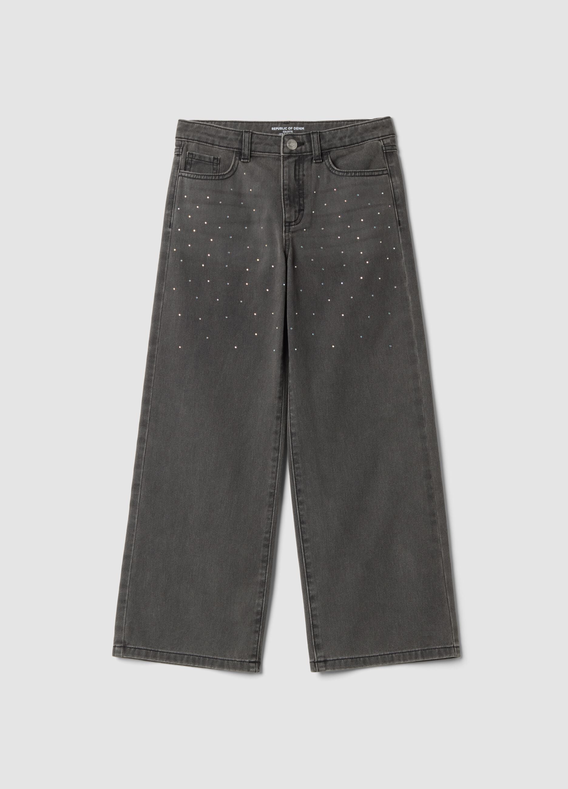 Grey wide-leg pure cotton jeans with rhinestones