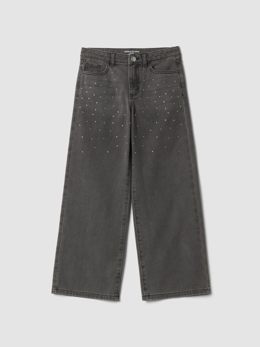 Jeans grigi wide leg in puro cotone con strass_0