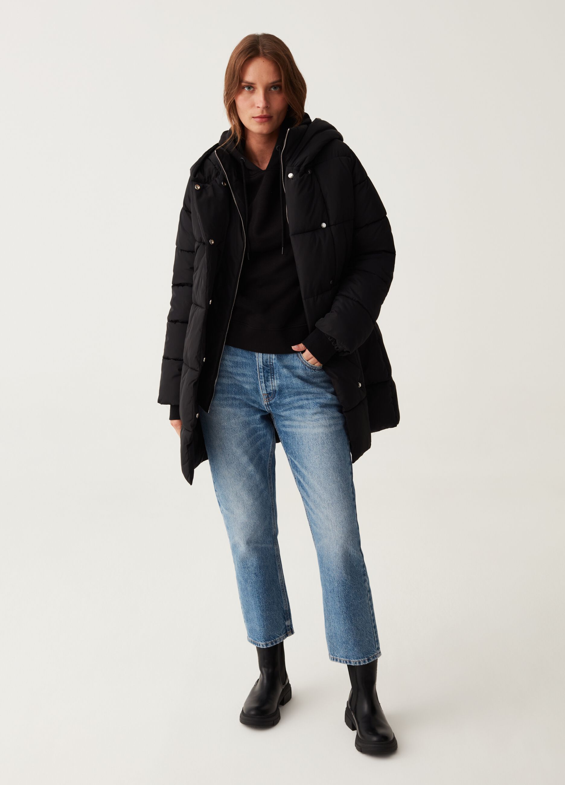 Long quilted down jacket with hood