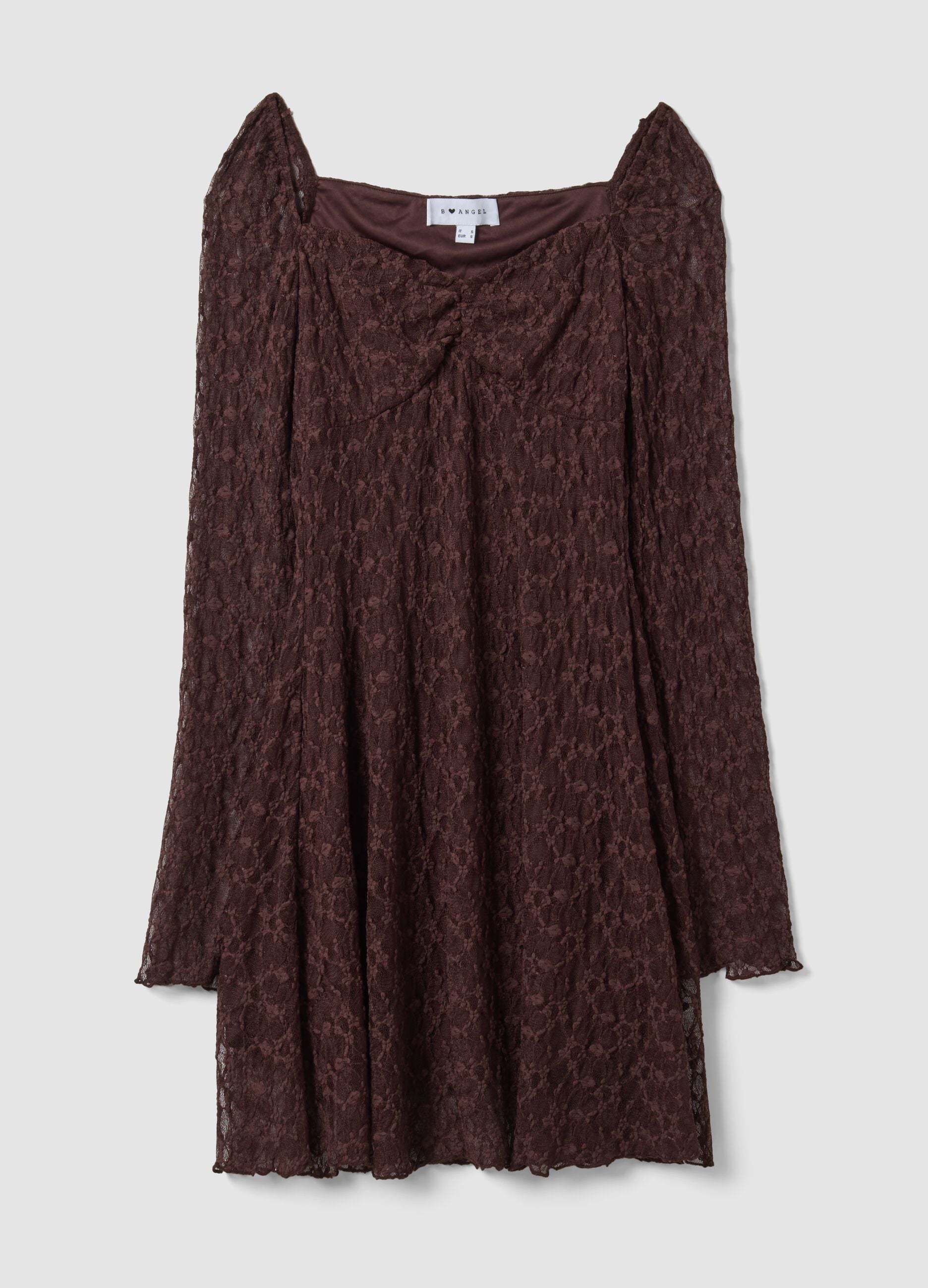 Brown stretch-fabric dress with deep V-neck, regular fit