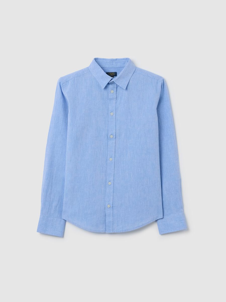 Camicia da ragazzo in misto cotone e lino azzurra regular fit_0
