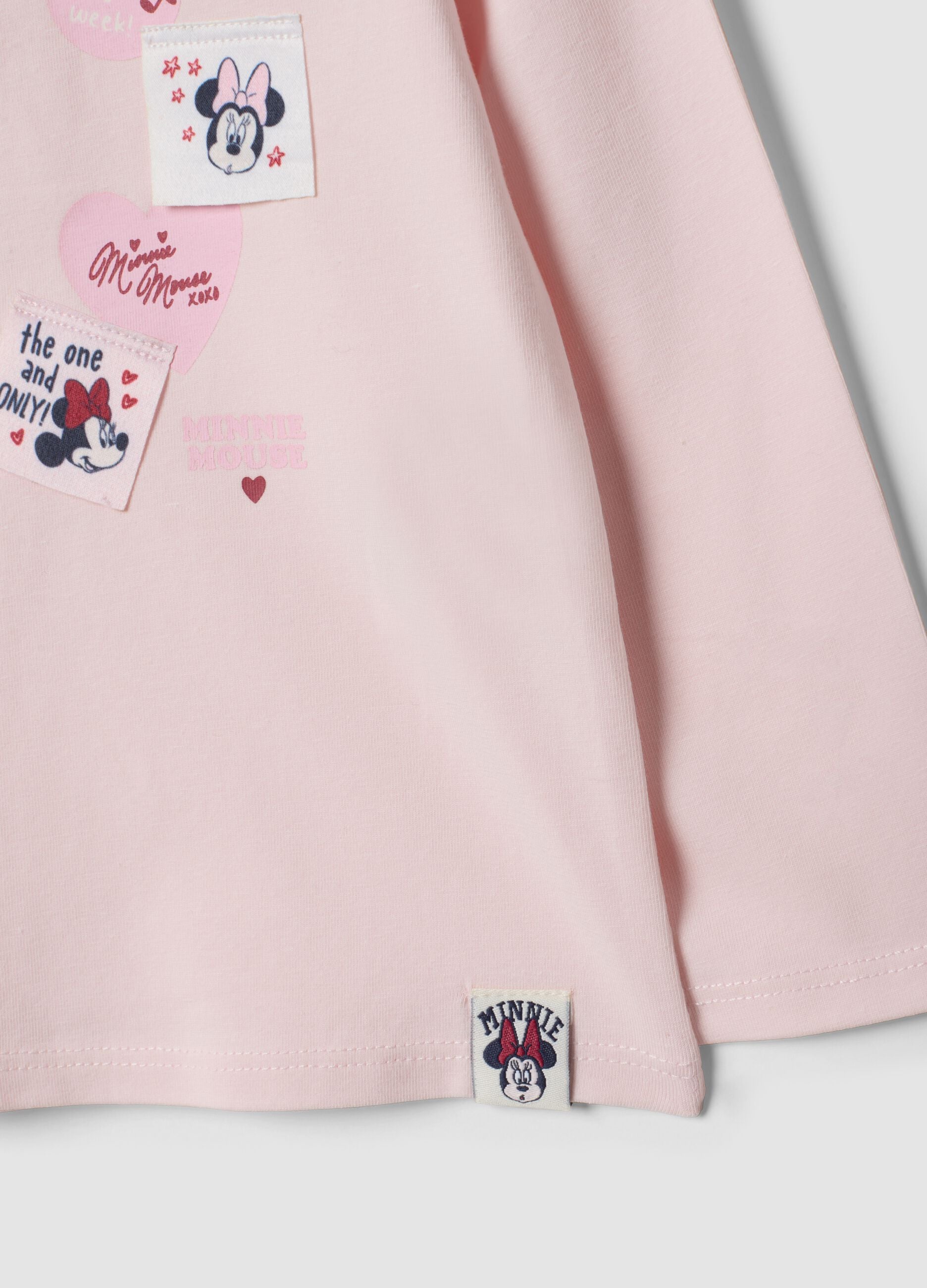 Maglietta rosa in cotone organico elasticizzato con stampe Minnie per bimba