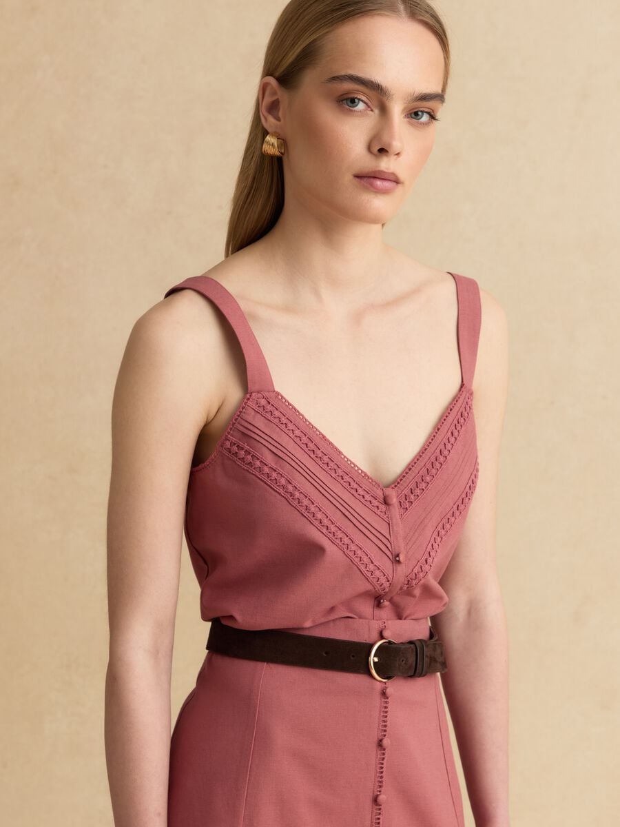 Pink regular fit cotton-linen blend top with lace details_0
