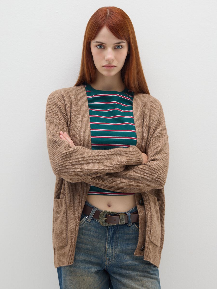 Brown oversized fit cardigan with buttons_0