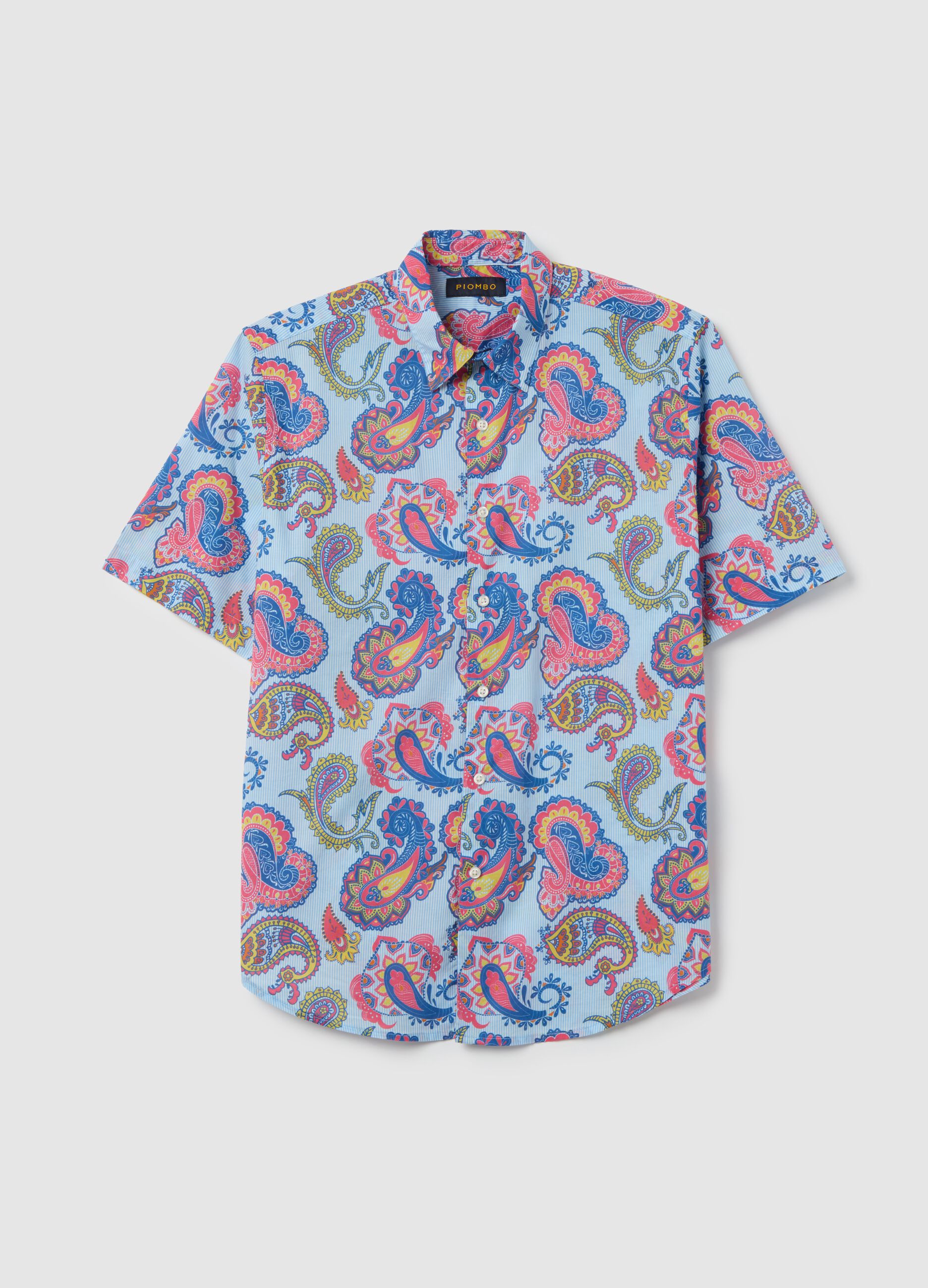 Short-sleeved shirt with stripes and paisley print