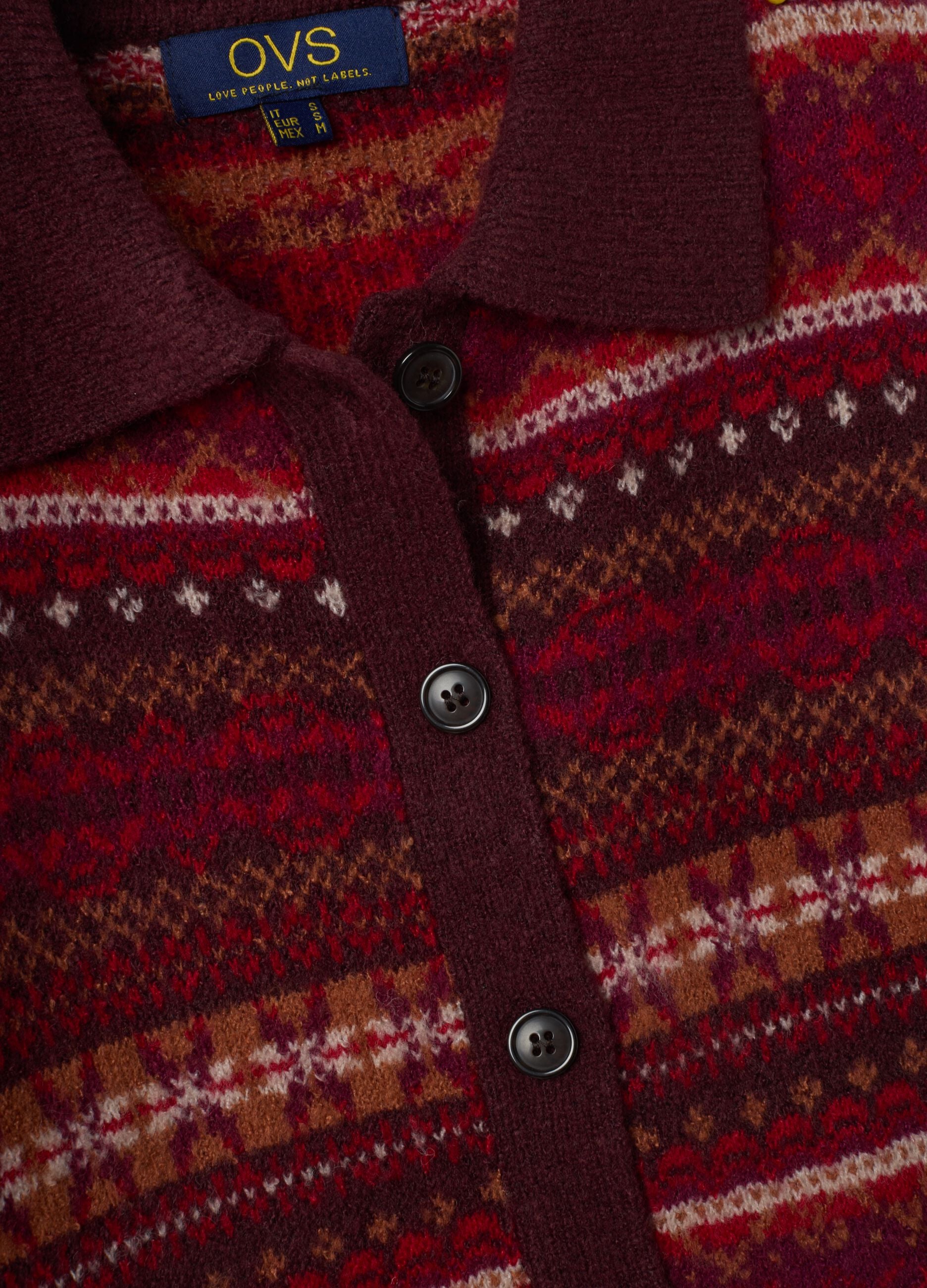 Red stretch wool cardigan with polo collar, regular fit