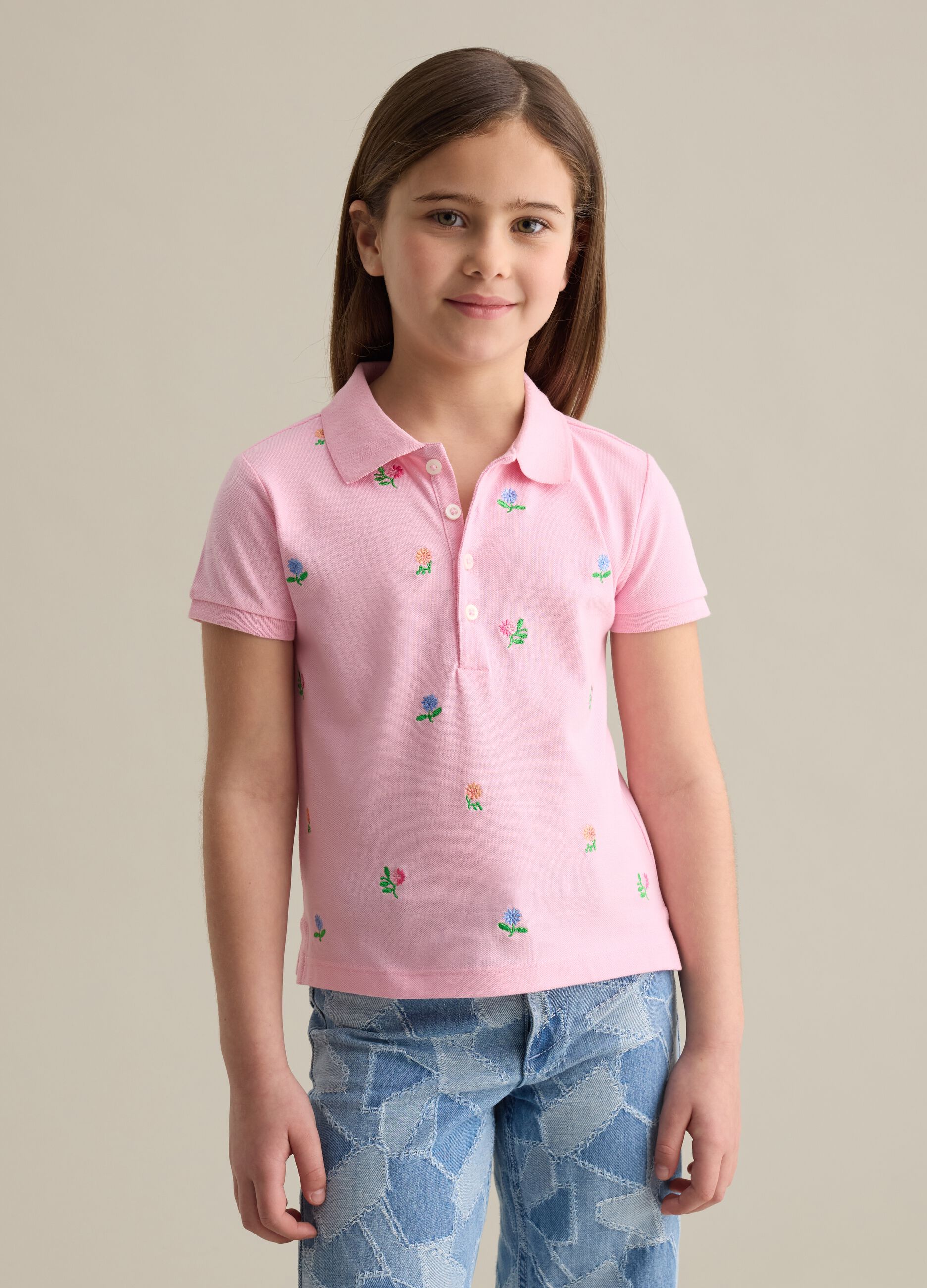 Cotton polo shirt with embroidered flowers