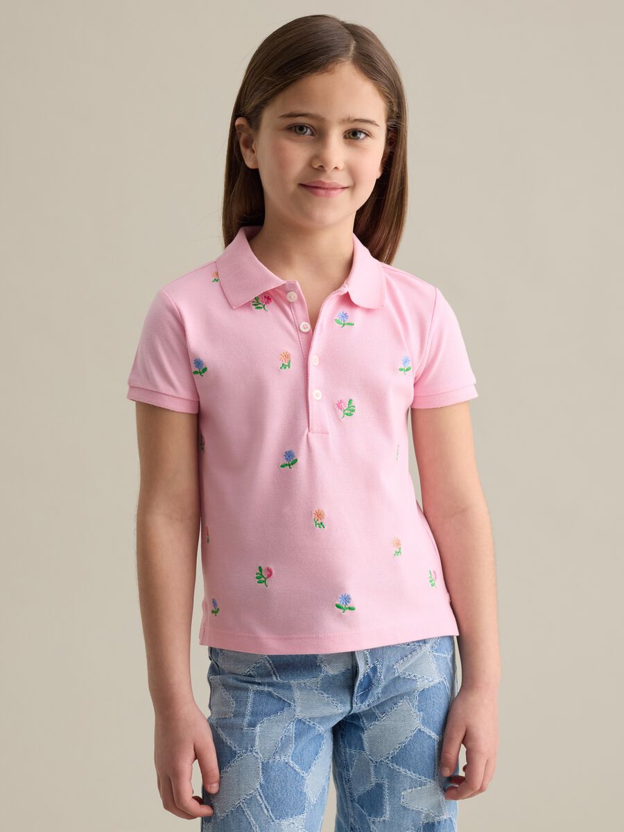 Cotton polo shirt with embroidered flowers_0
