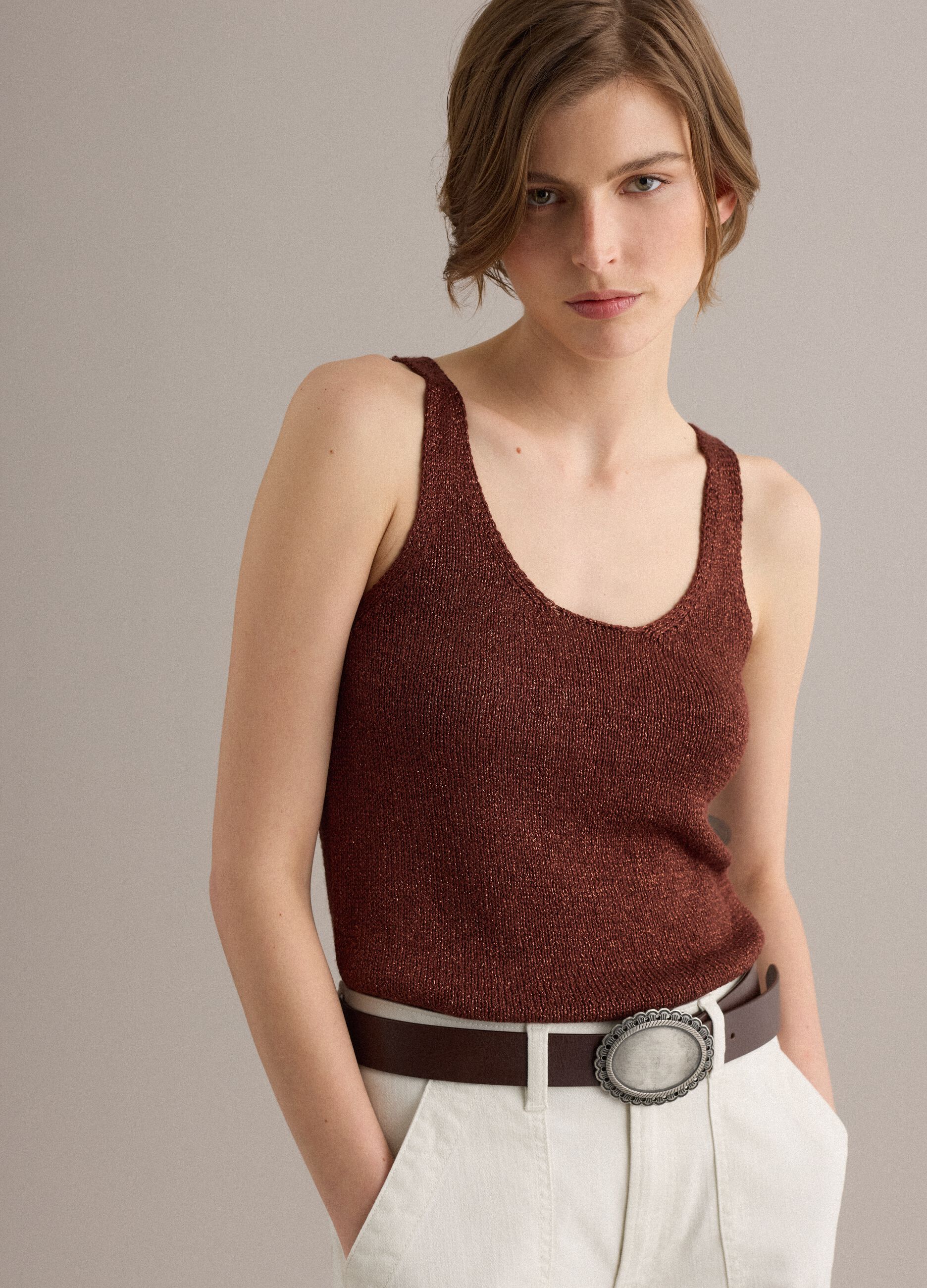 Brown viscose-blend regular-fit glitter tank top