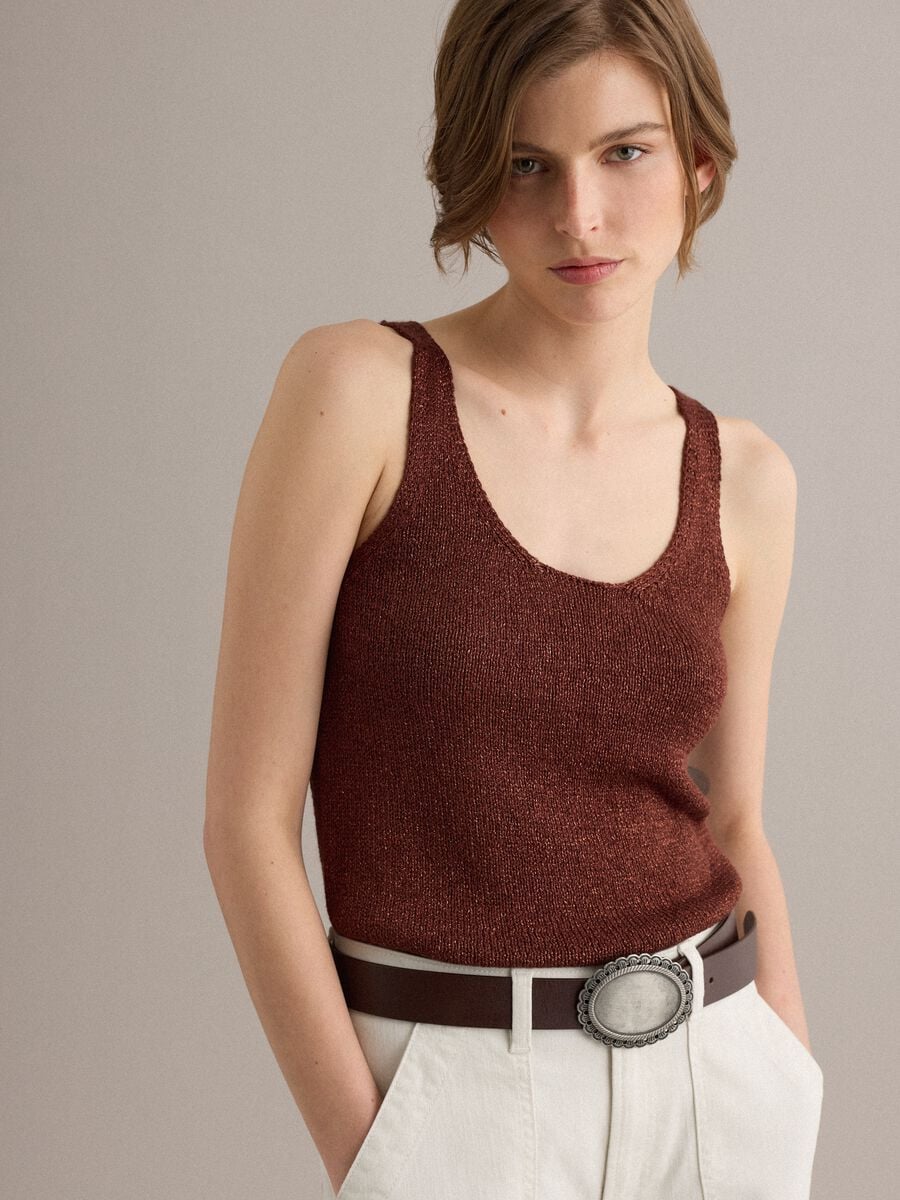 Brown viscose-blend regular-fit glitter tank top_0