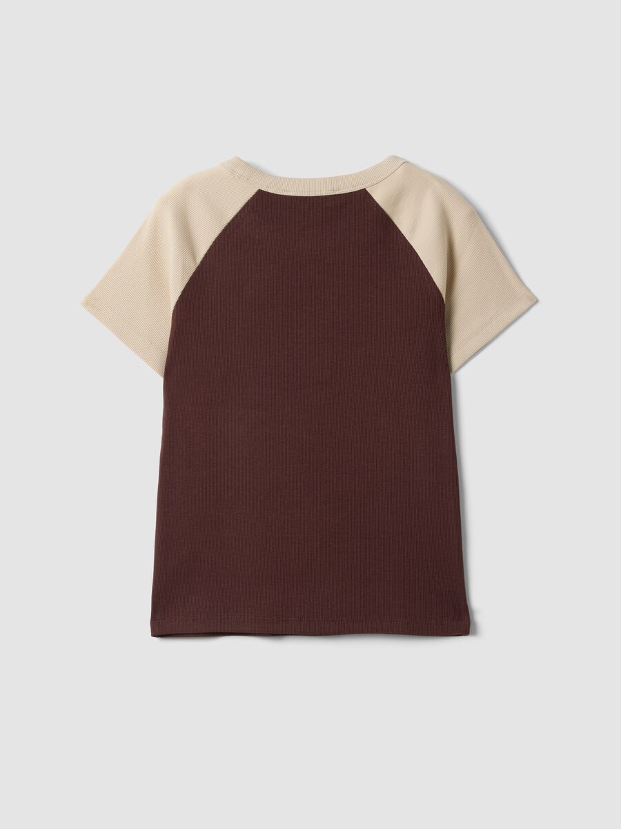 T-shirt marrone in cotone elasticizzato a girocollo con maniche a contrasto_5