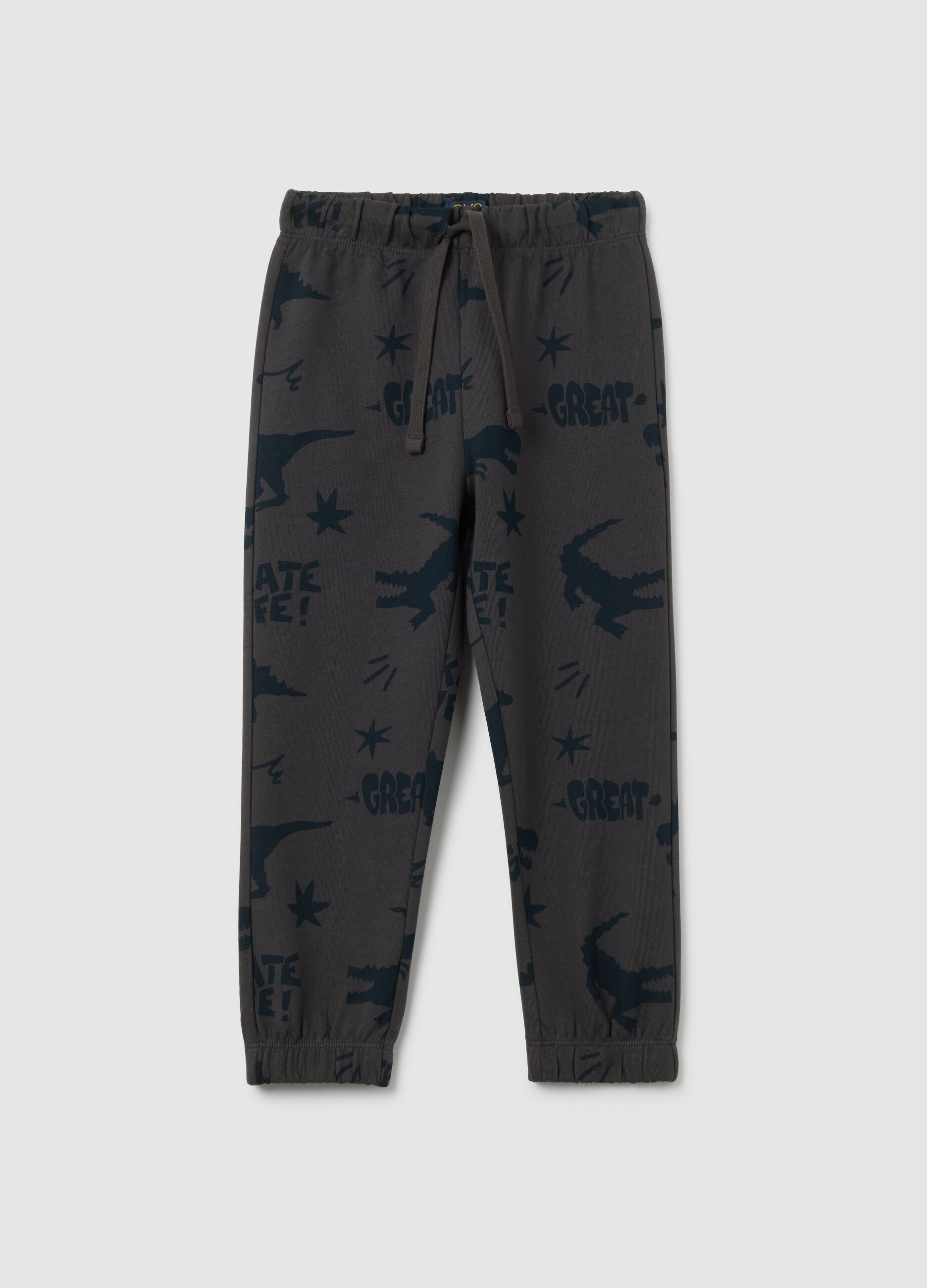 Children's grey pure cotton regular fit trousers with dinosaur print