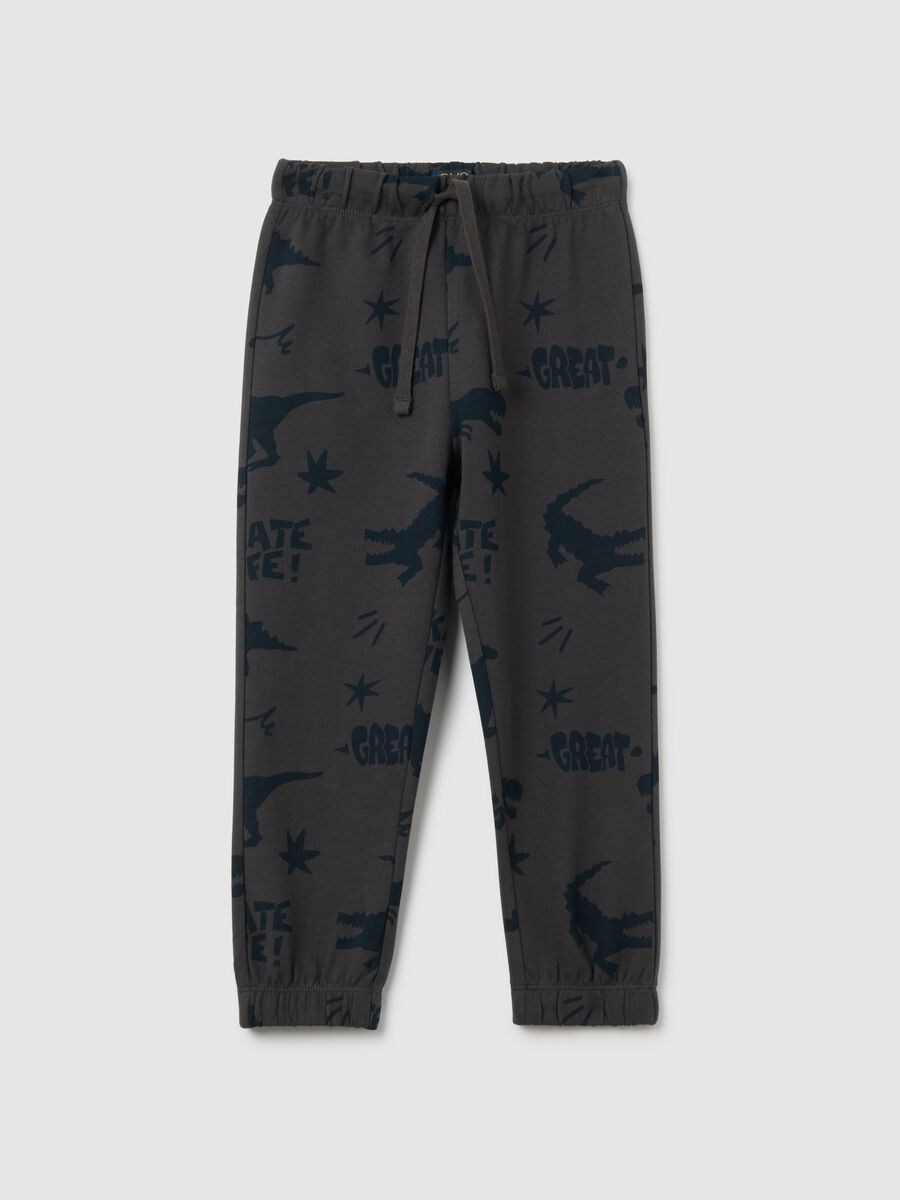 Children's grey pure cotton regular fit trousers with dinosaur print_0