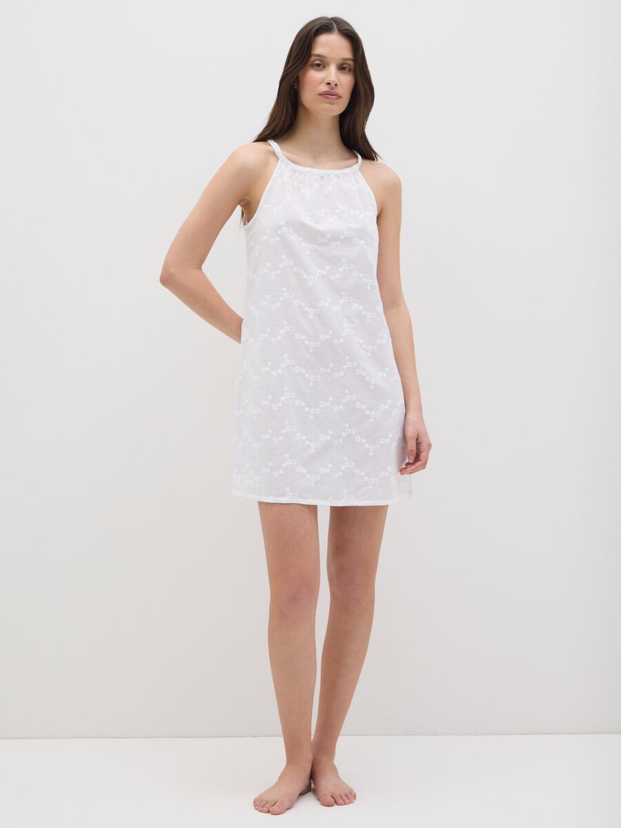 Women's Short Dress in Pure White Cotton with Embroidery_1