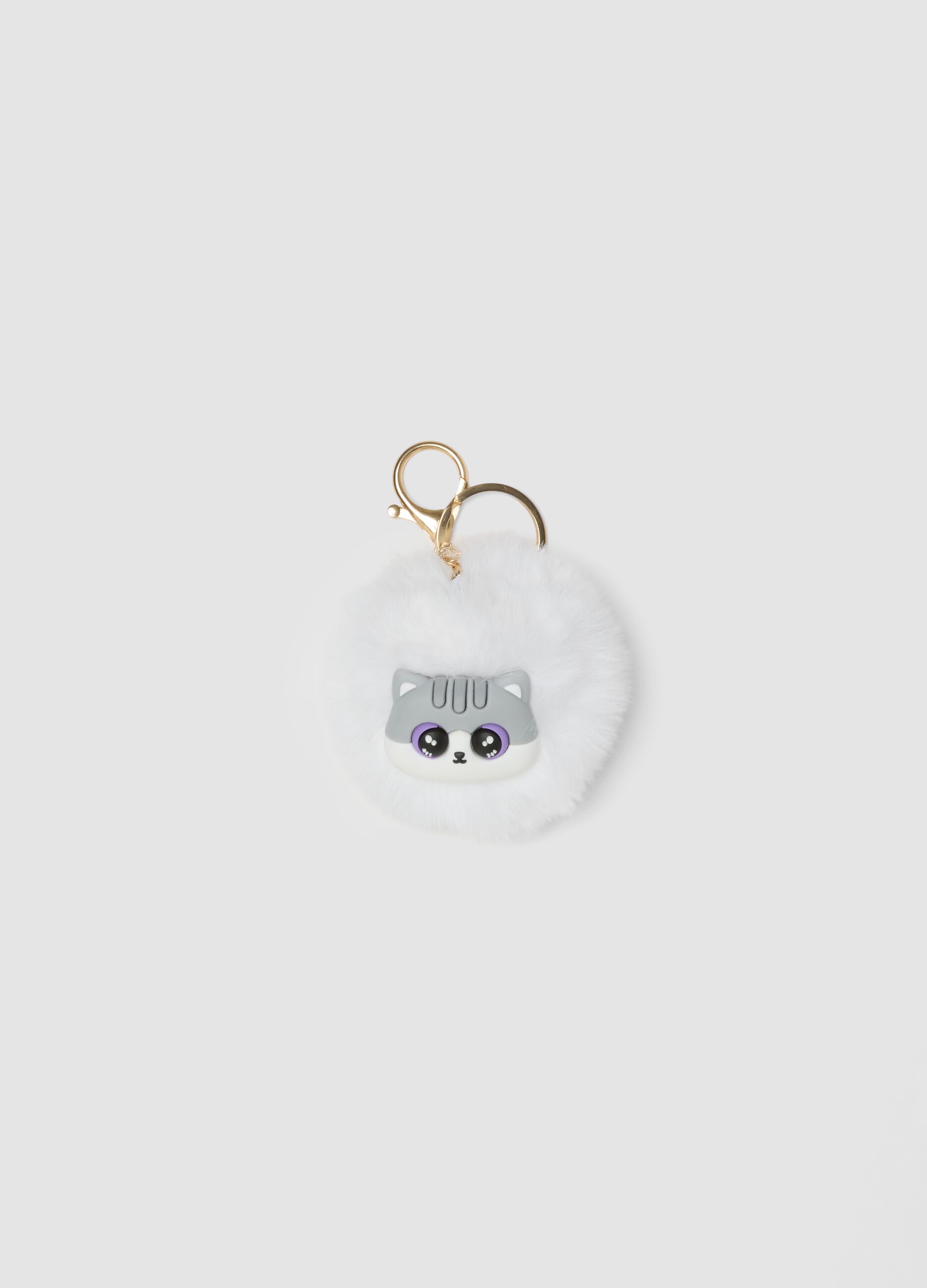 Portachiavi bianco con pompon e gattino per bambina