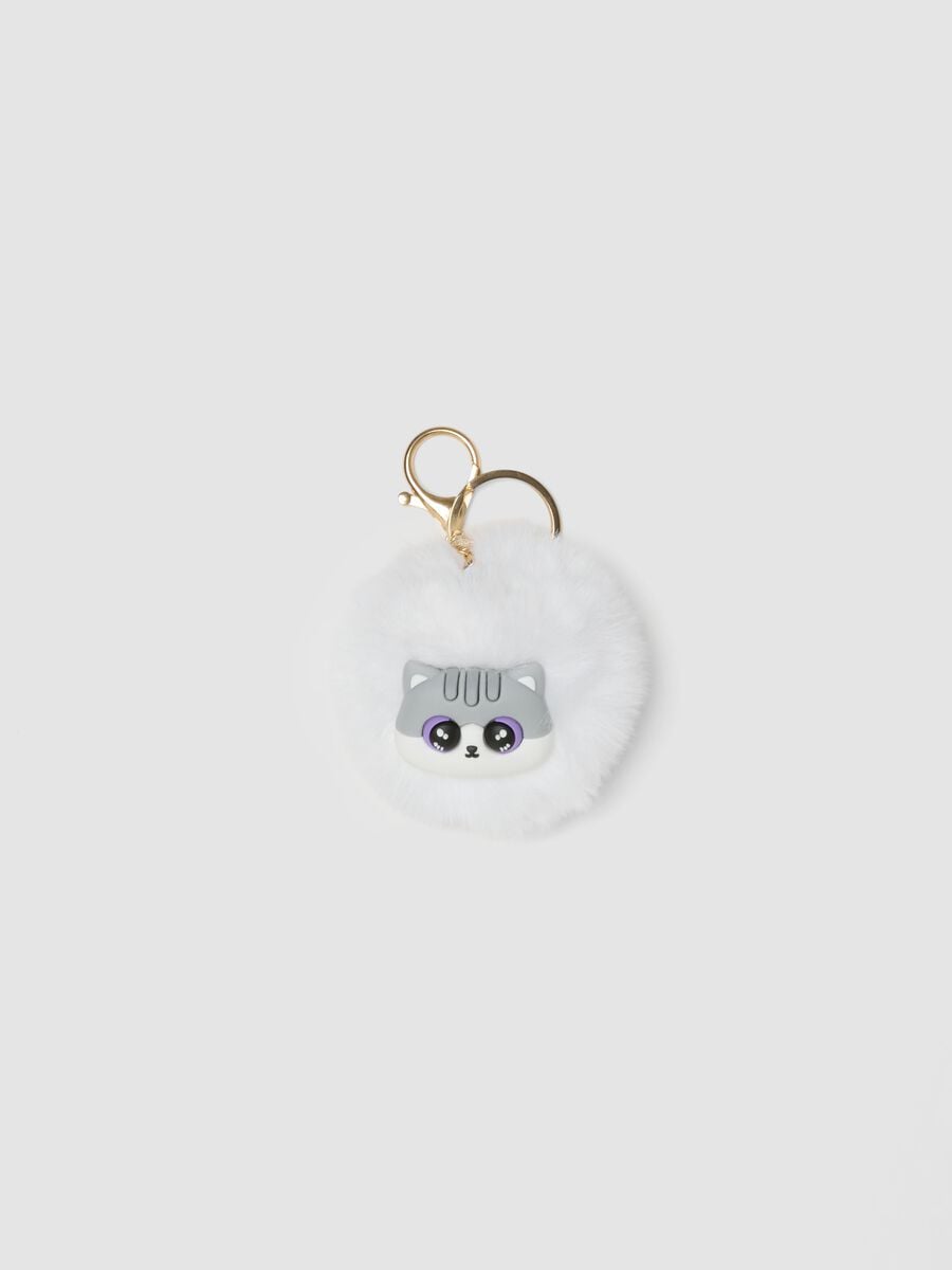 White keyring with pom-pom and kitten charm for girls_0