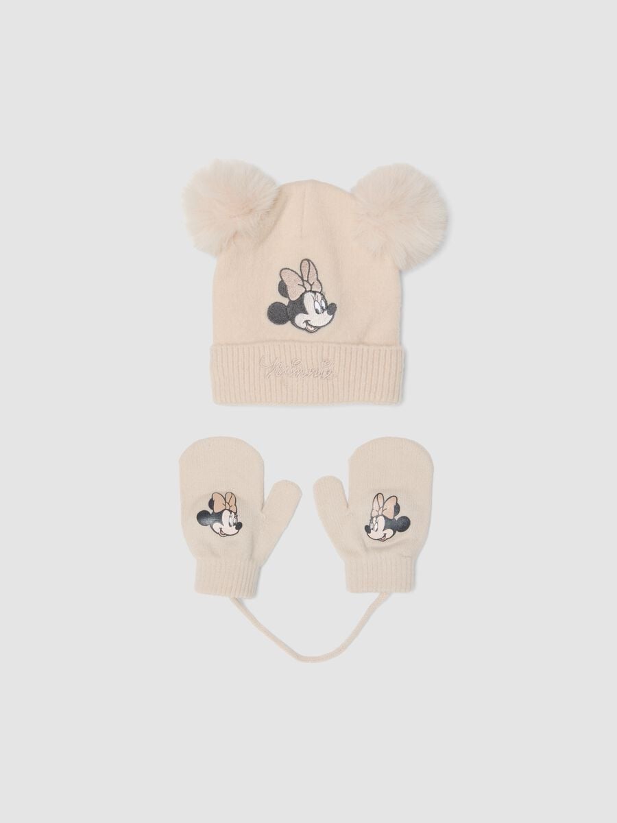 Set beige in tessuto elasticizzato con cappello e muffole a tema Minnie_0
