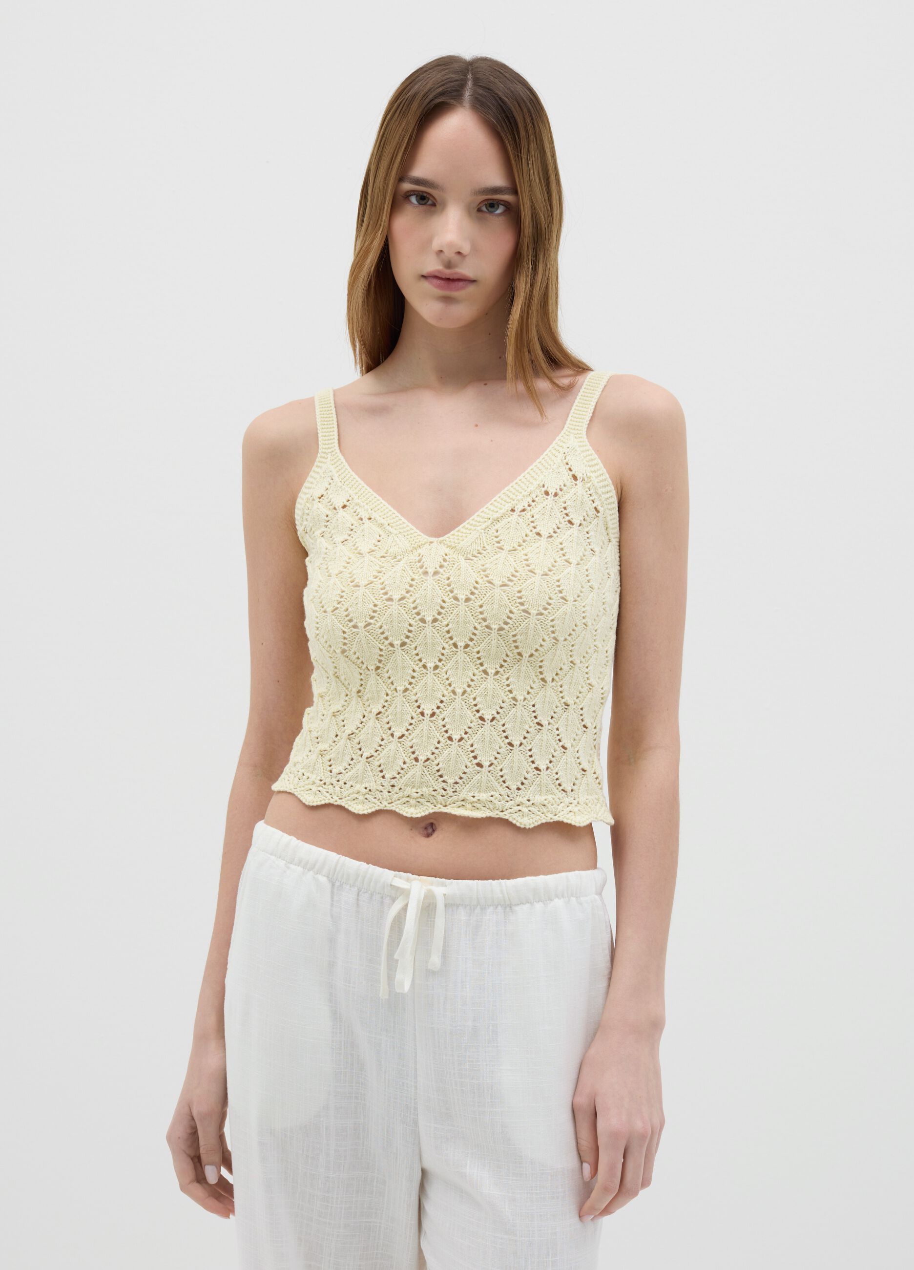 Top corto da donna in puro cotone beige regular fit con maglia traforata