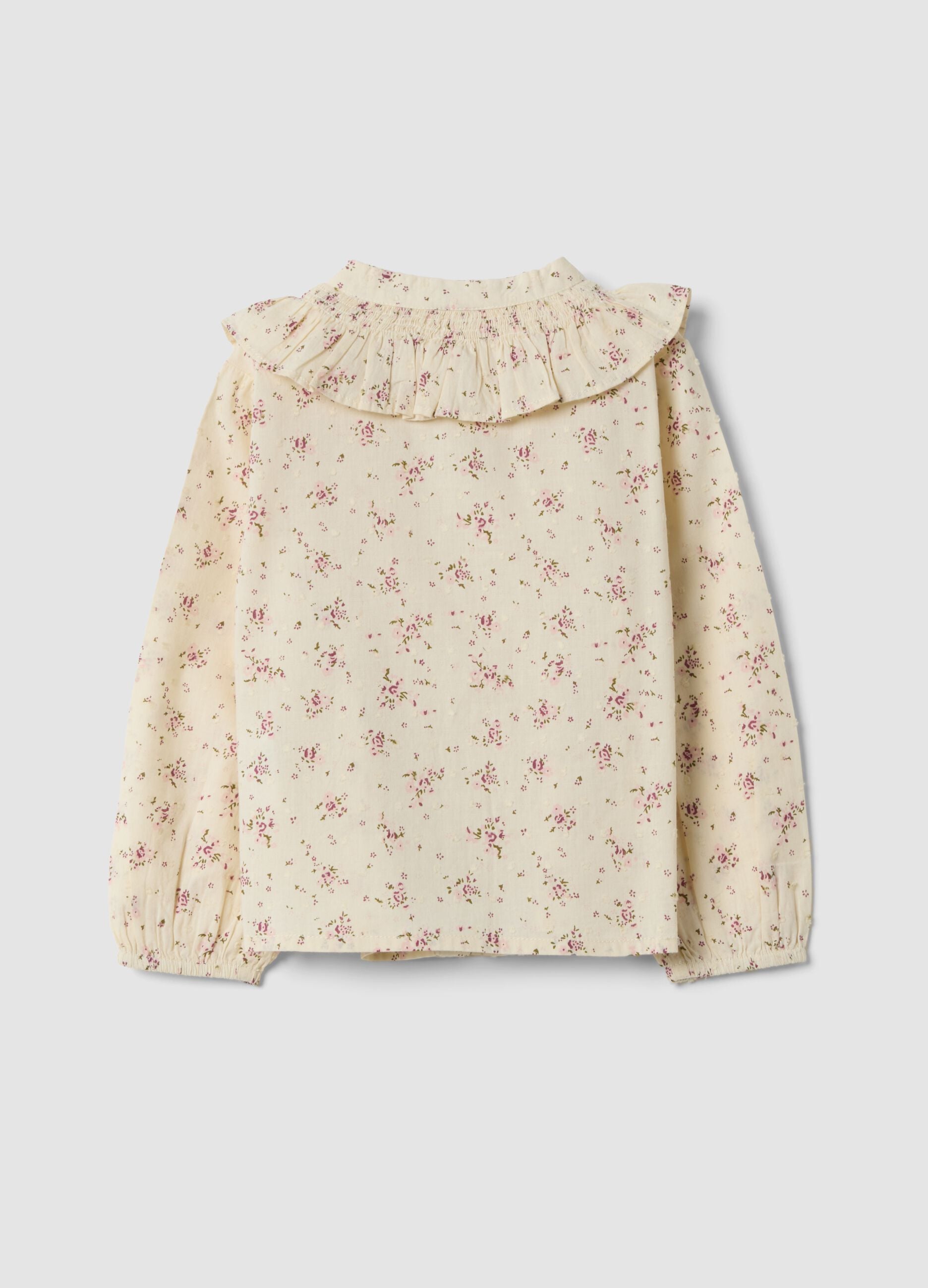 Camicia crema in puro cotone con stampa floreale rosa chiaro e verde oliva