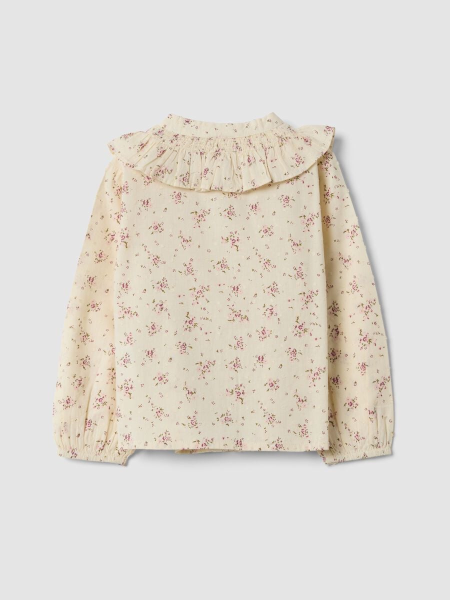 Camicia crema in puro cotone con stampa floreale rosa chiaro e verde oliva_1