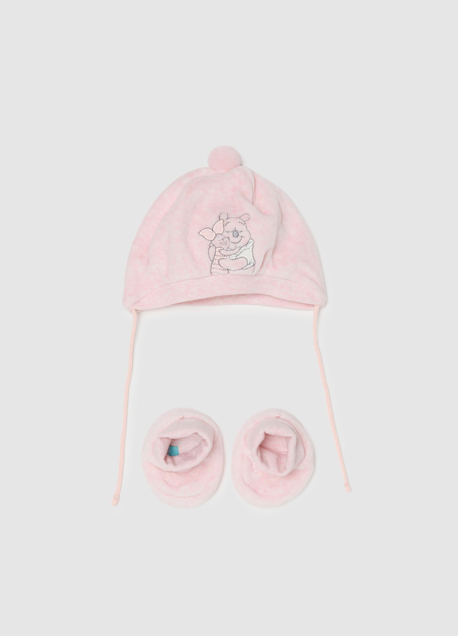 Pink hat and booties set in pure cotton regular fit with embroidery