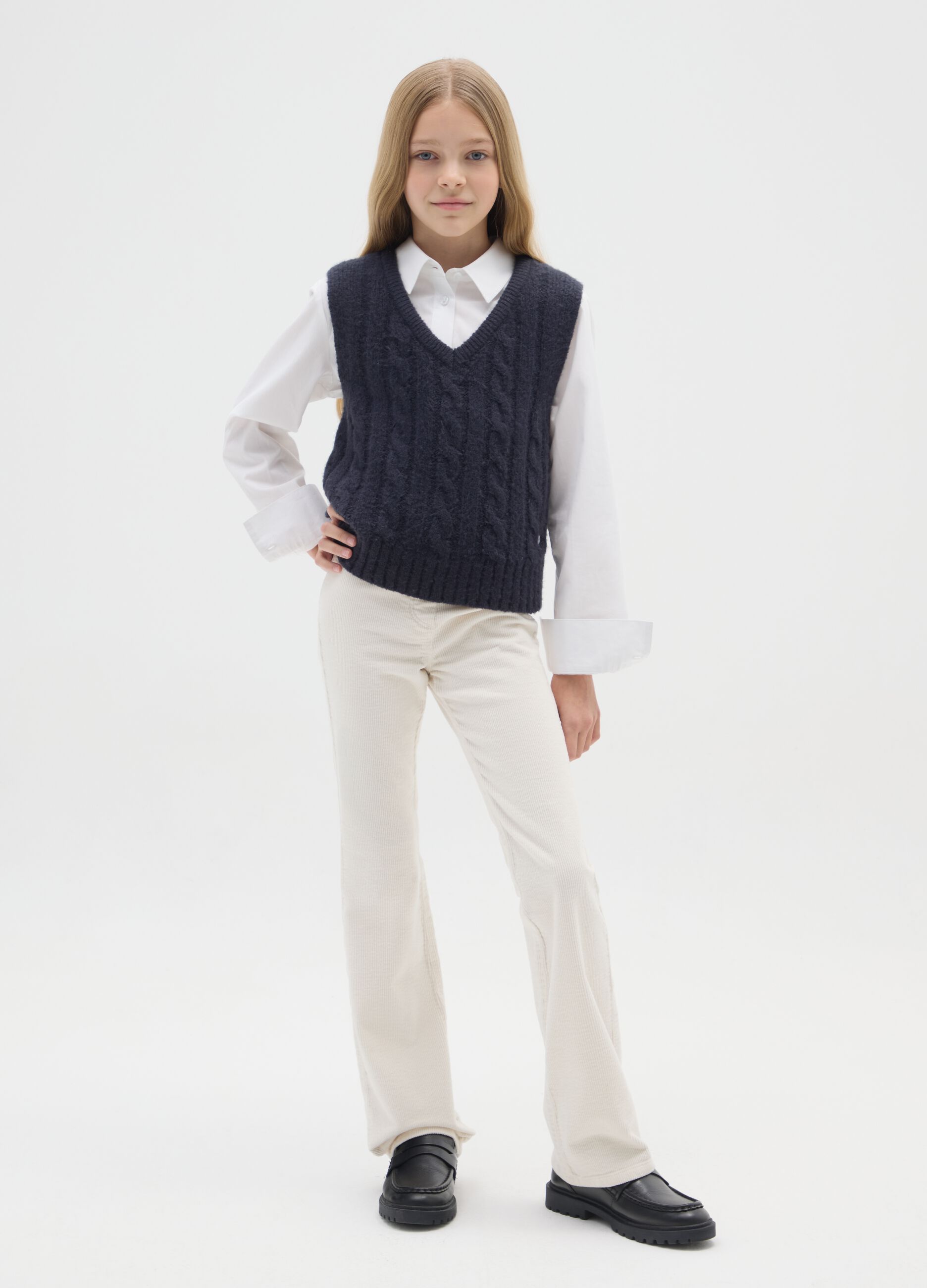 Girls' white stretch cotton flare treggings