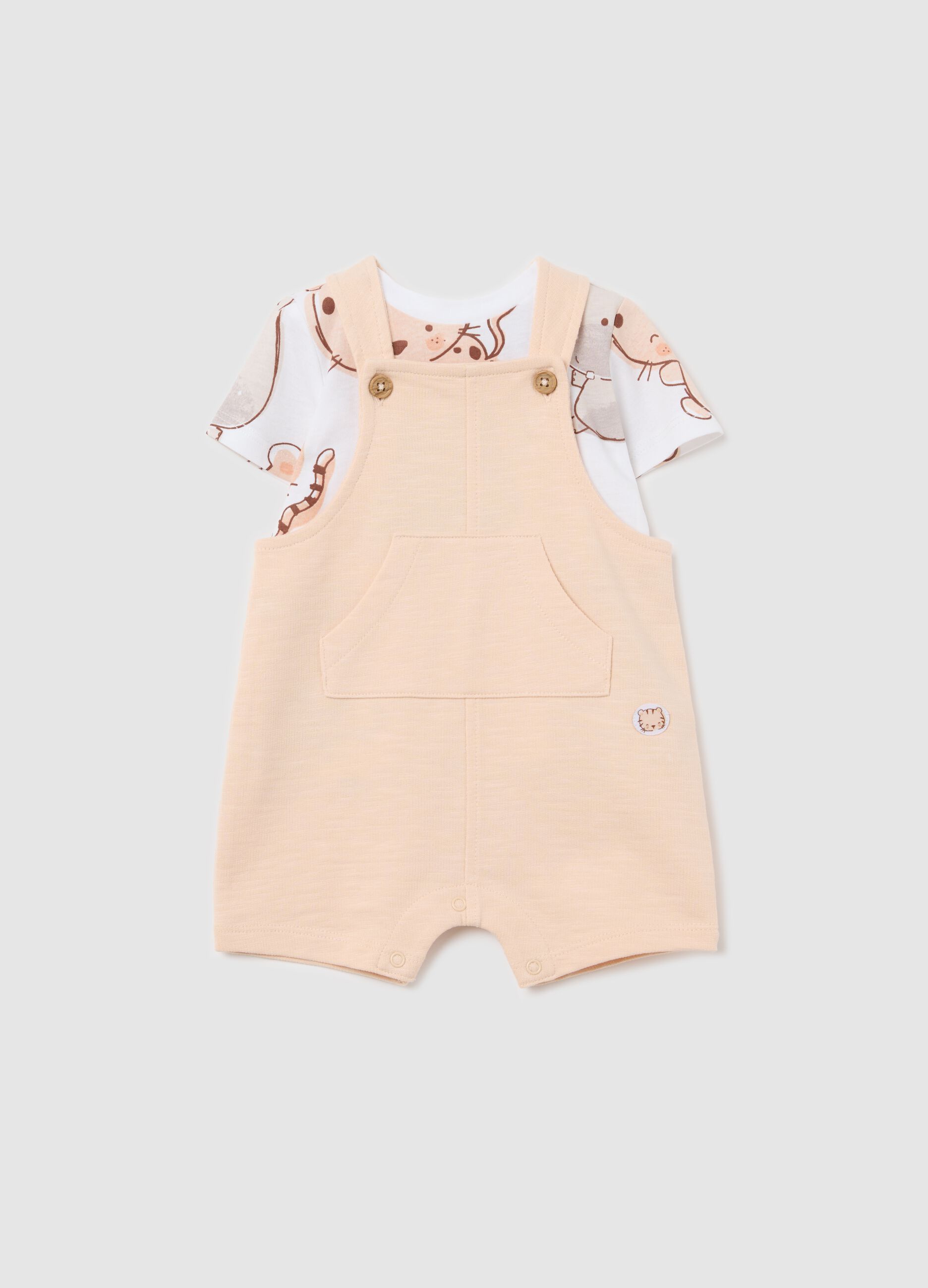 White and pink cotton dungarees and T-shirt with print