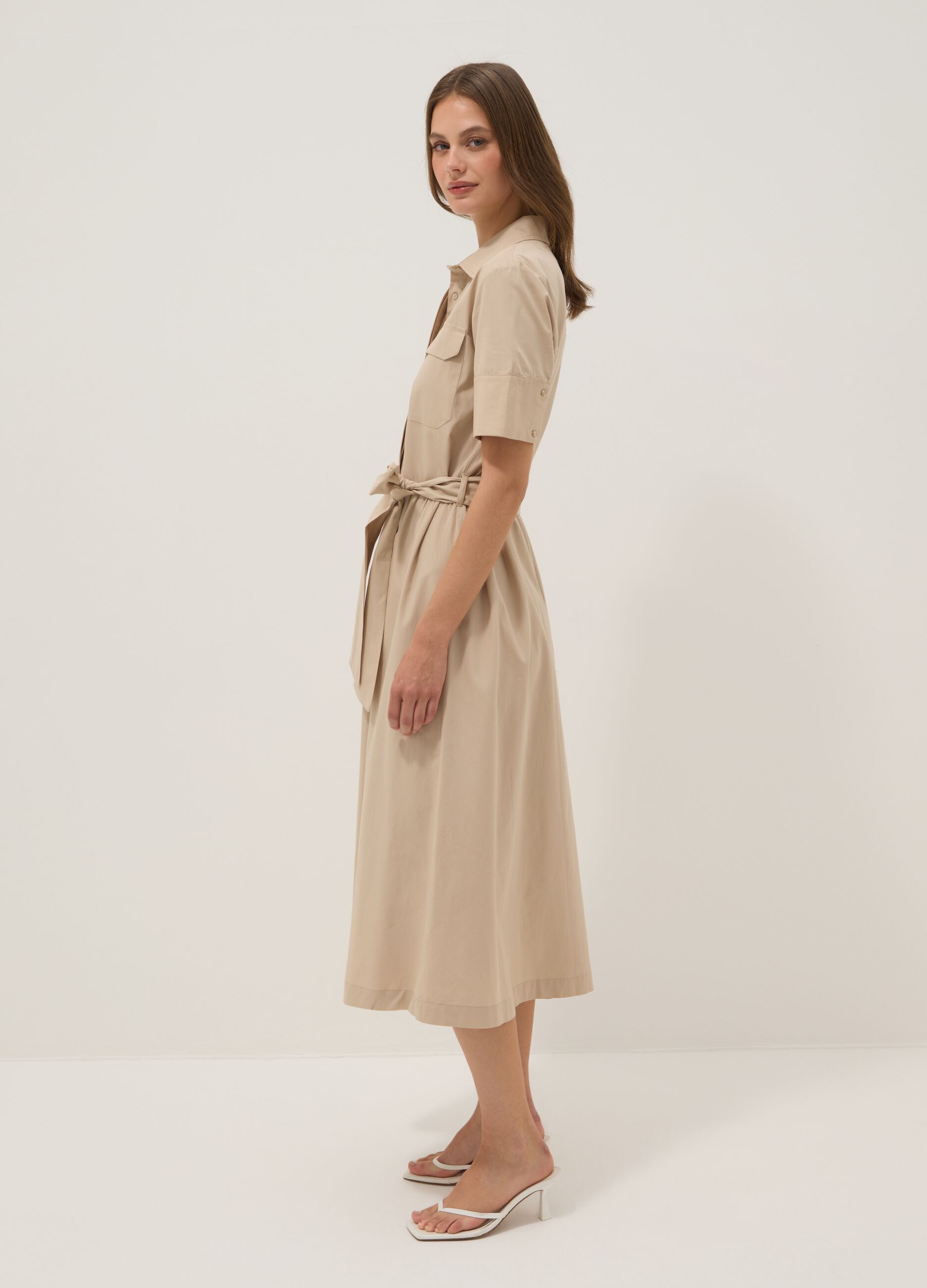 Beige pure cotton shirt dress with belt, regular fit