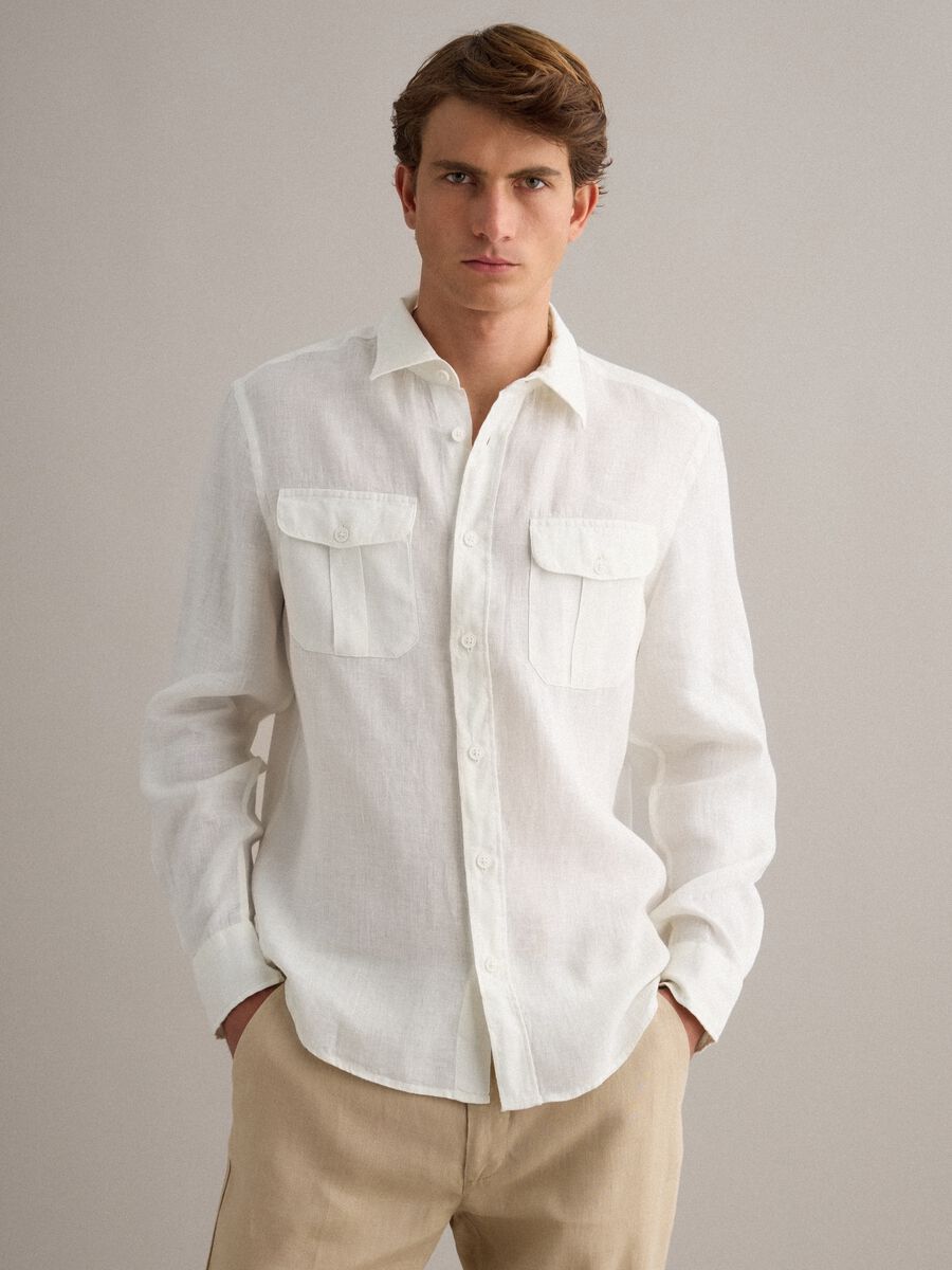 White pure linen regular-fit shirt with double chest pockets_0