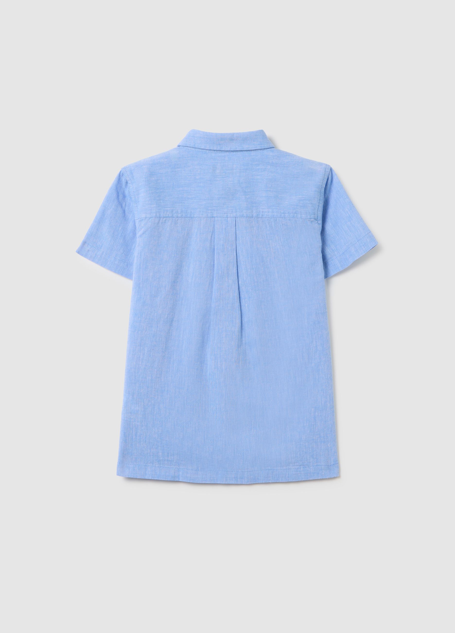 Regular fit azure linen kids' shirt with pointed collar and short sleeves