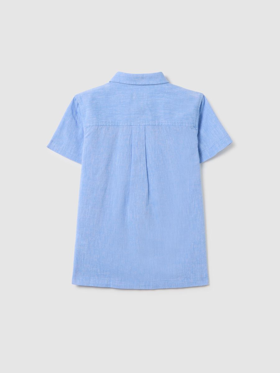 Regular fit azure linen kids' shirt with pointed collar and short sleeves_1