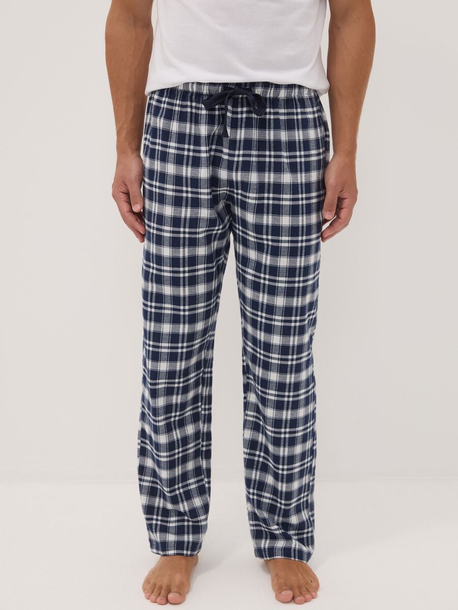 Pantaloni pigiama bianchi e blu in flanella di puro cotone organico a quadri_1