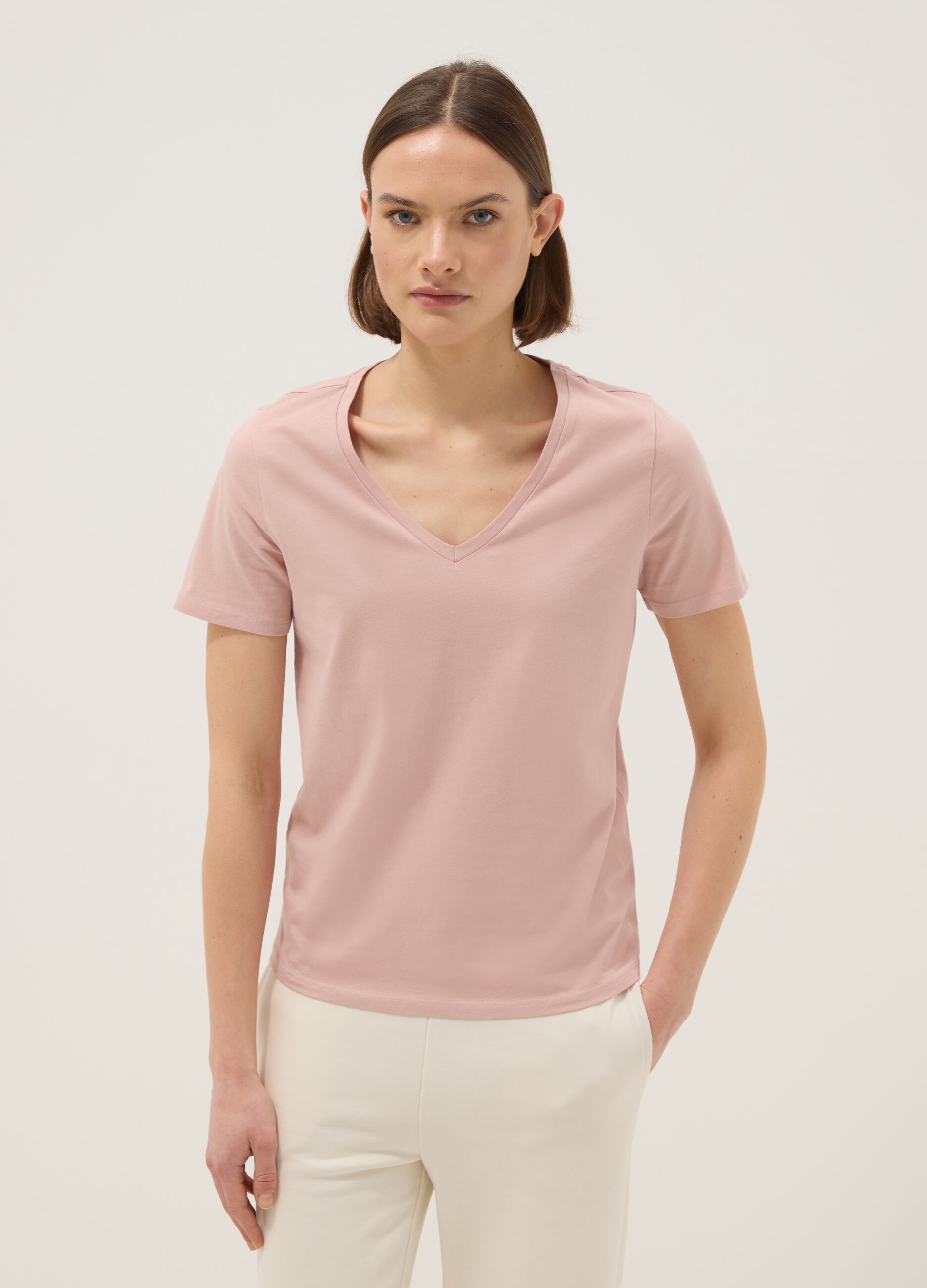 T-shirt in puro cotone rosa regular fit con scollo a V