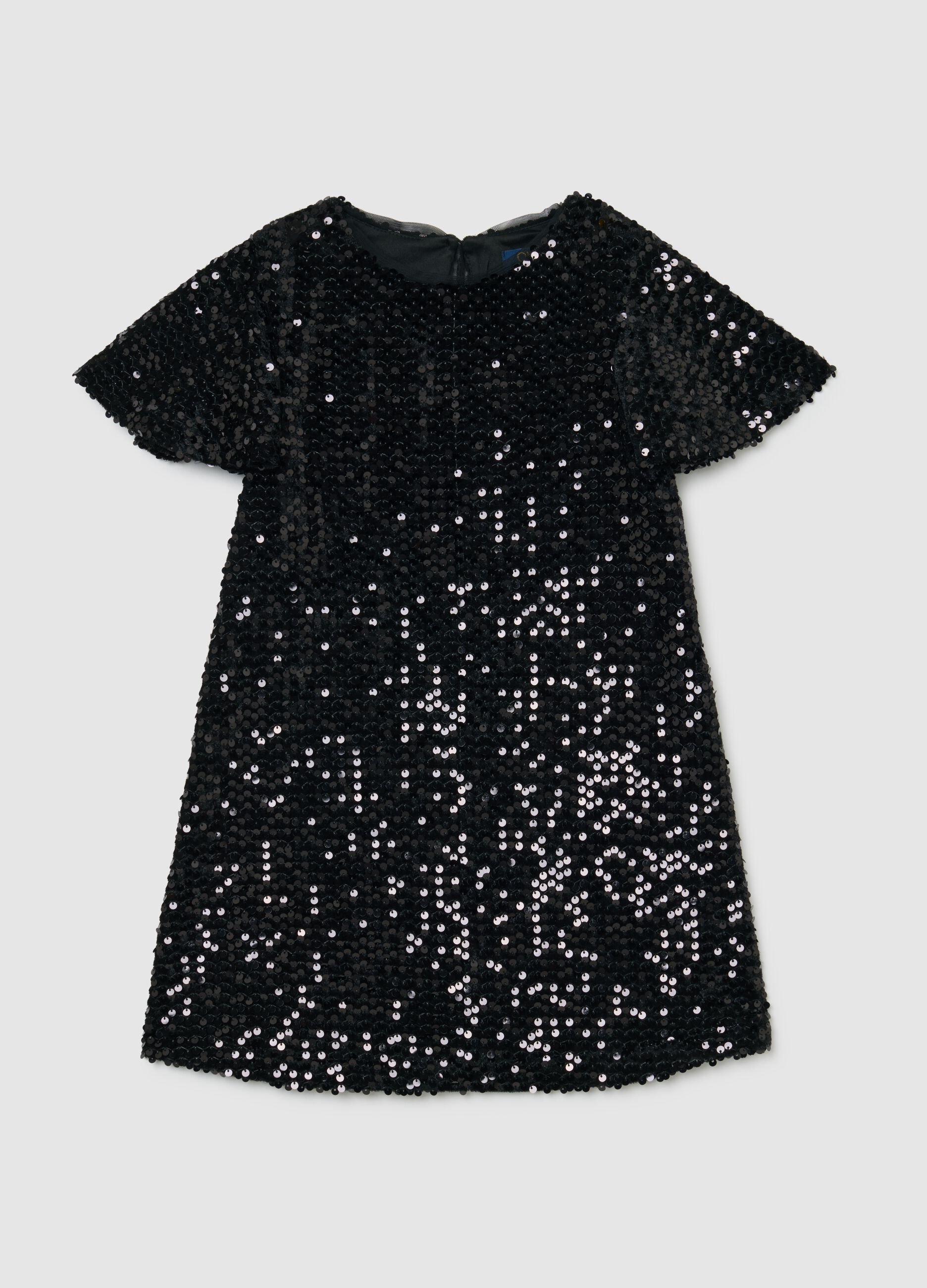 Girls' black velvet regular fit dress with sequins
