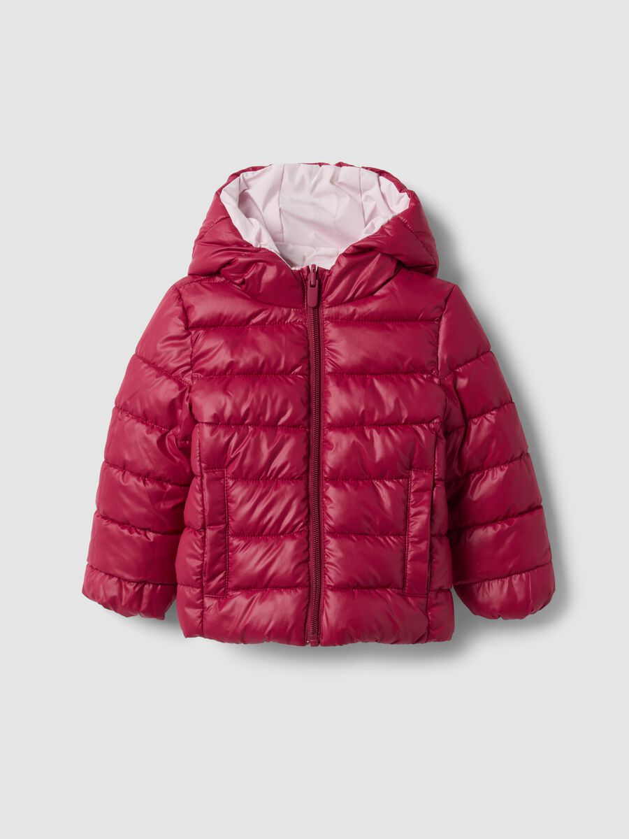 Giacca Ultralight reversibile rosa e rosso con cappuccio e zip per bimba_1